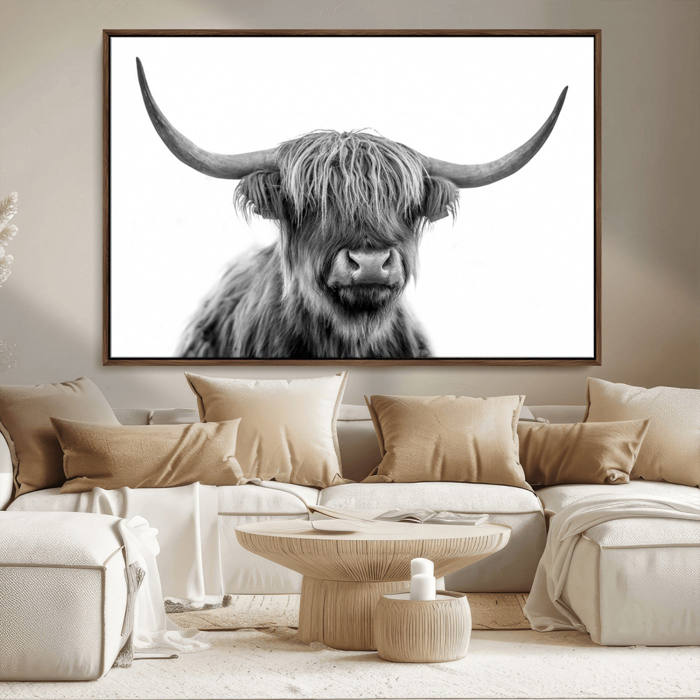 10123-MGV-CV-36X24-Black and White Highland Cow Wall Art – Modern Farmhouse Animal Print, Rustic Scottish Bull Canvas Decor for Living Room, Bedroom,