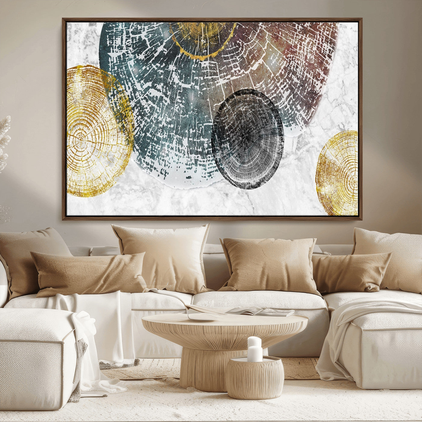 70653-MGV-CV-36X24-Abstract Tree Ring Wall Art – Modern Rustic Wood Slice Canvas Print with Gold Accents, Contemporary Nature Decor for Living Room,