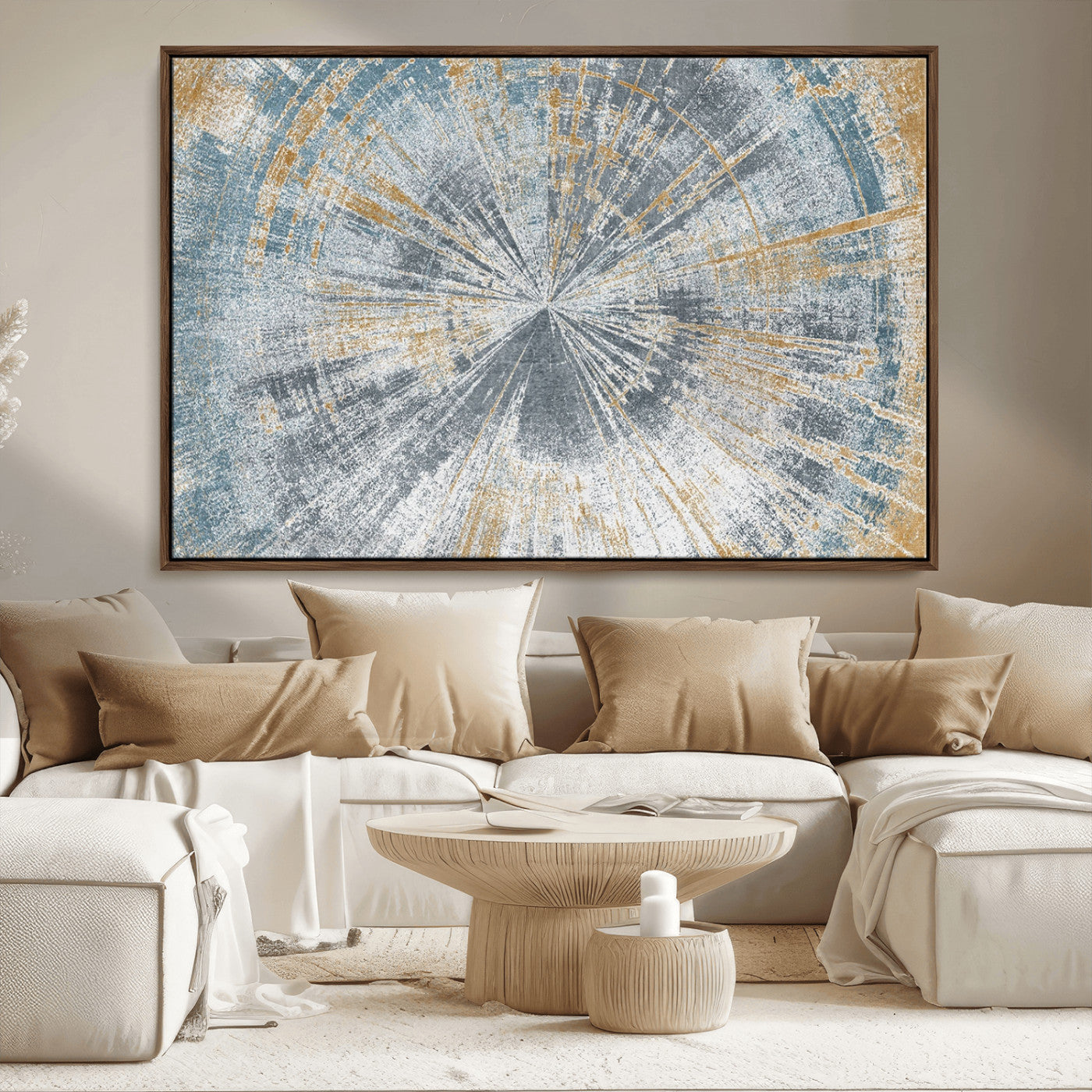 17631-MGV-CV-36X24-Radiant Burst Wall Art – Abstract Sunburst Canvas Print in Blue and Gold, Modern Geometric Painting for Living Room, Office or