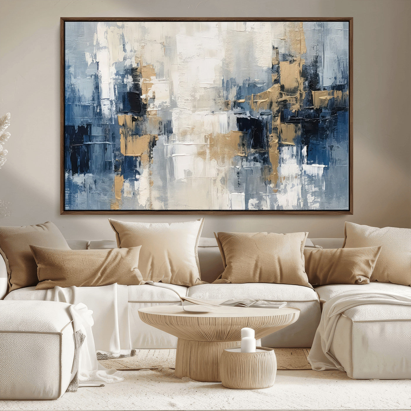 44344-MGV-CV-36X24-Abstract Blue and Gold Wall Art – Modern Hand Painted Canvas Print, Contemporary Textured Painting for Living Room, Bedroom or