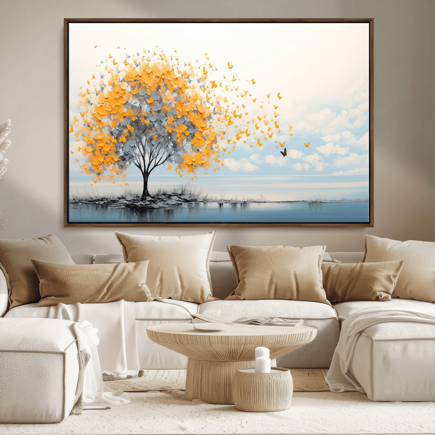 23385-MGV-FC-36X24_Walnut-Golden Butterfly Tree Wall Art – Abstract Yellow and Gray Canvas Print, Modern Nature Artwork for Living Room, Bedroom or Office