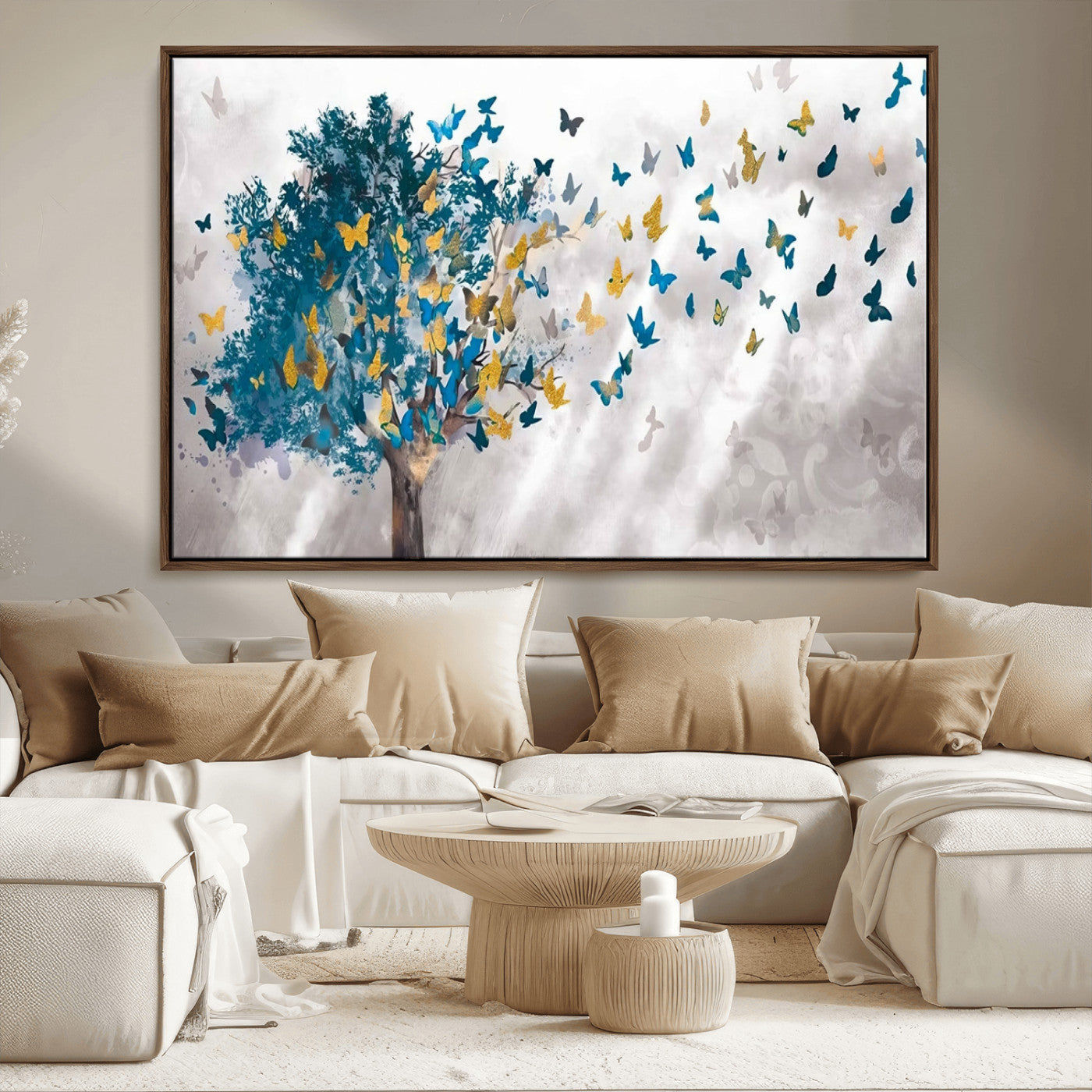 37564-MGV-FC-36X24_Walnut-Butterfly Tree Wall Art – Modern Nature Canvas Print with Blue and Golden Butterflies, Elegant Decorative Painting for Living Room