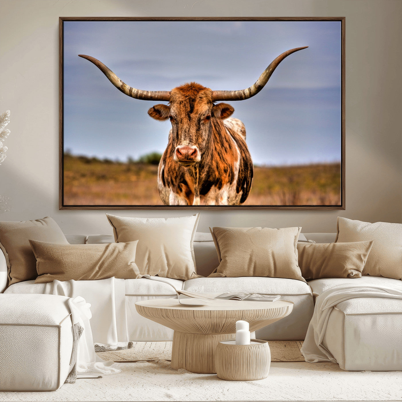 18594-MGV-FC-36X24_Walnut-Texas Longhorn Bull Wall Art – Rustic Western Cattle Canvas Print, Country Farmhouse Decor for Living Room, Office or Cabin