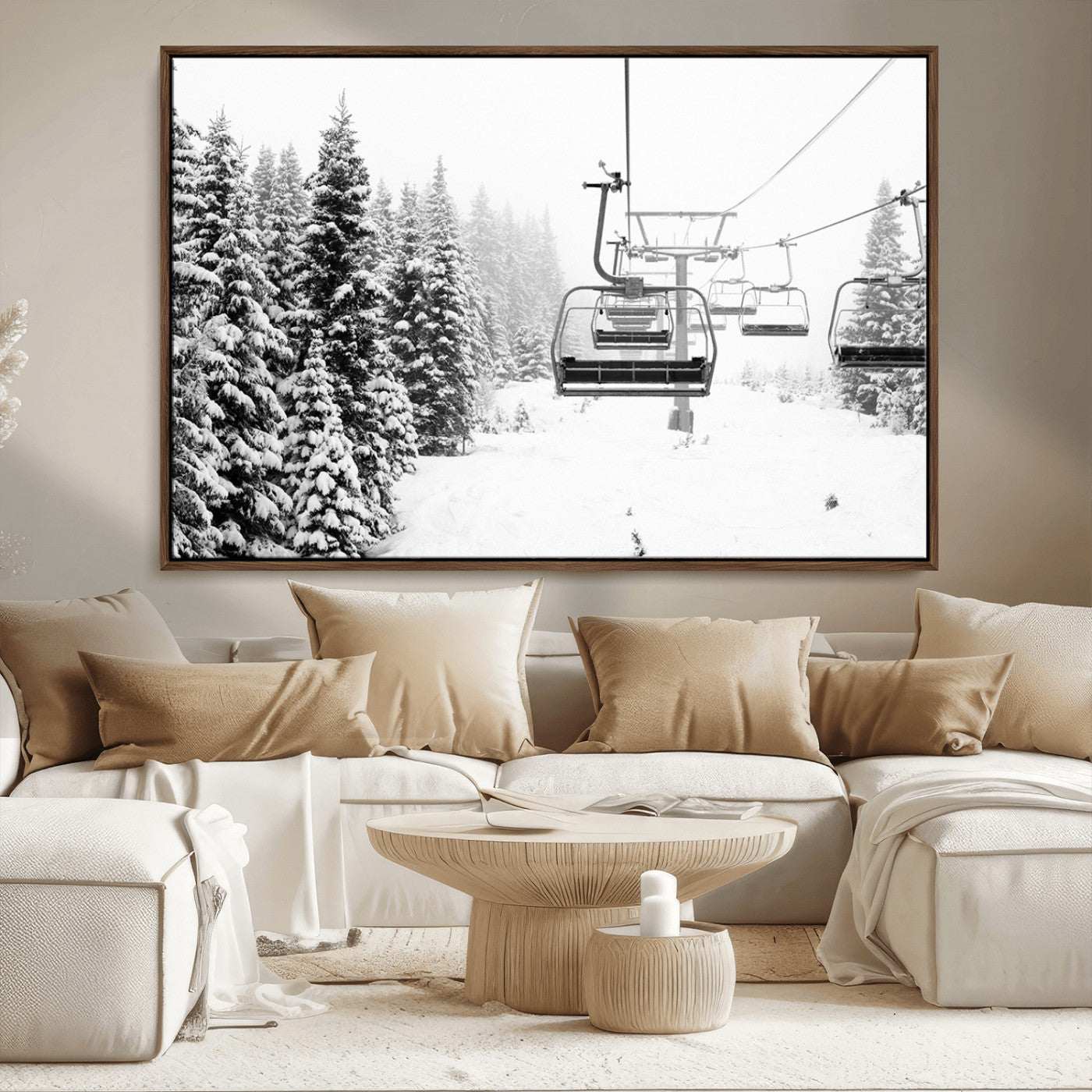 70609-MGV-CV-36X24-Snowy Ski Lift Wall Art – Black and White Winter Mountain Landscape Canvas Print, Rustic Lodge Decor for Cabin, Living Room or