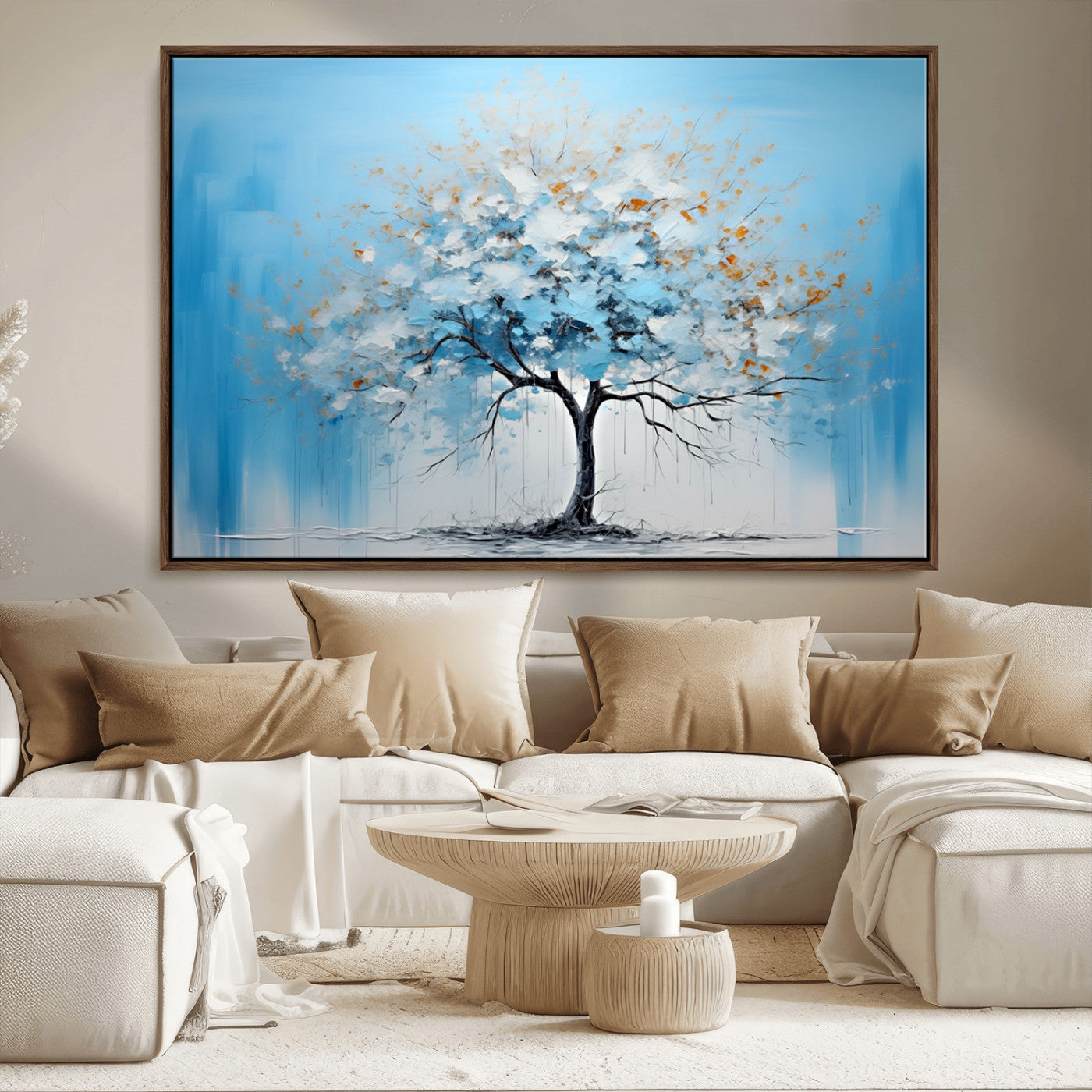 25021-MGV-FC-36X24_Walnut-Abstract Tree Wall Art – Blue and White Canvas Painting with Gold Accents, Modern Nature-Inspired Artwork for Living Room, Bedroom