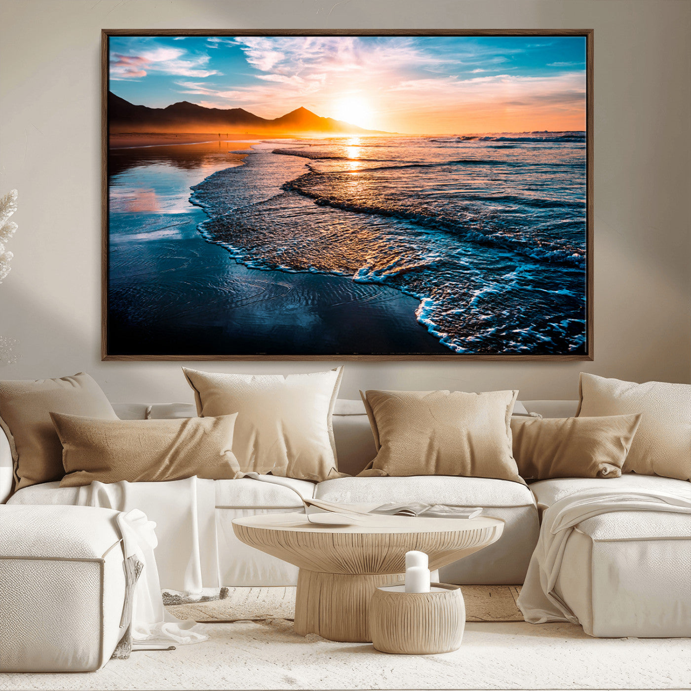 26494-MGV-CV-36X24-Ocean Sunset Wall Art – Scenic Beach Canvas Print with Waves and Mountains, Coastal Seascape Photography for Living Room, Bedroom
