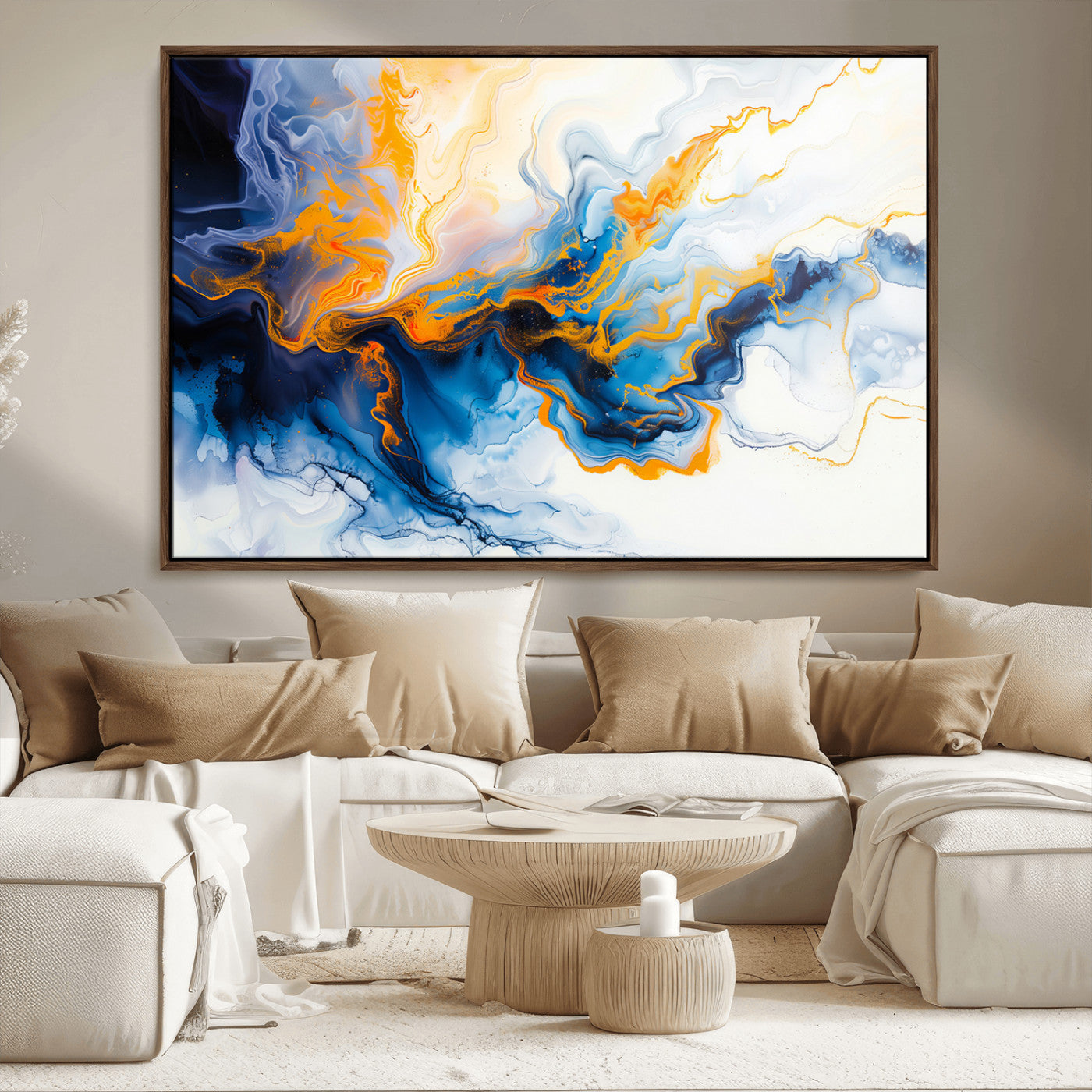 83720-MGV-CV-36X24-Abstract Fluid Wall Art – Blue, White and Gold Swirl Canvas Painting, Modern Contemporary Artwork for Living Room, Bedroom or