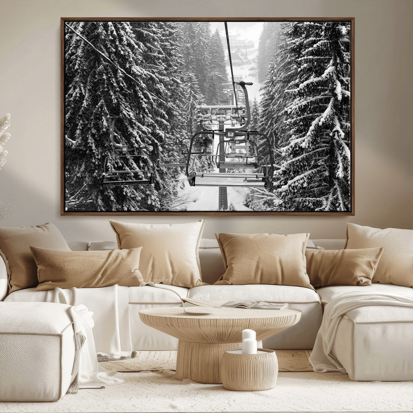 19240-MGV-FC-36X24_Walnut-Ski Lift Wall Art – Black and White Winter Mountain Canvas Print, Snowy Forest Ski Resort Photography for Cabin, Lodge, Office or