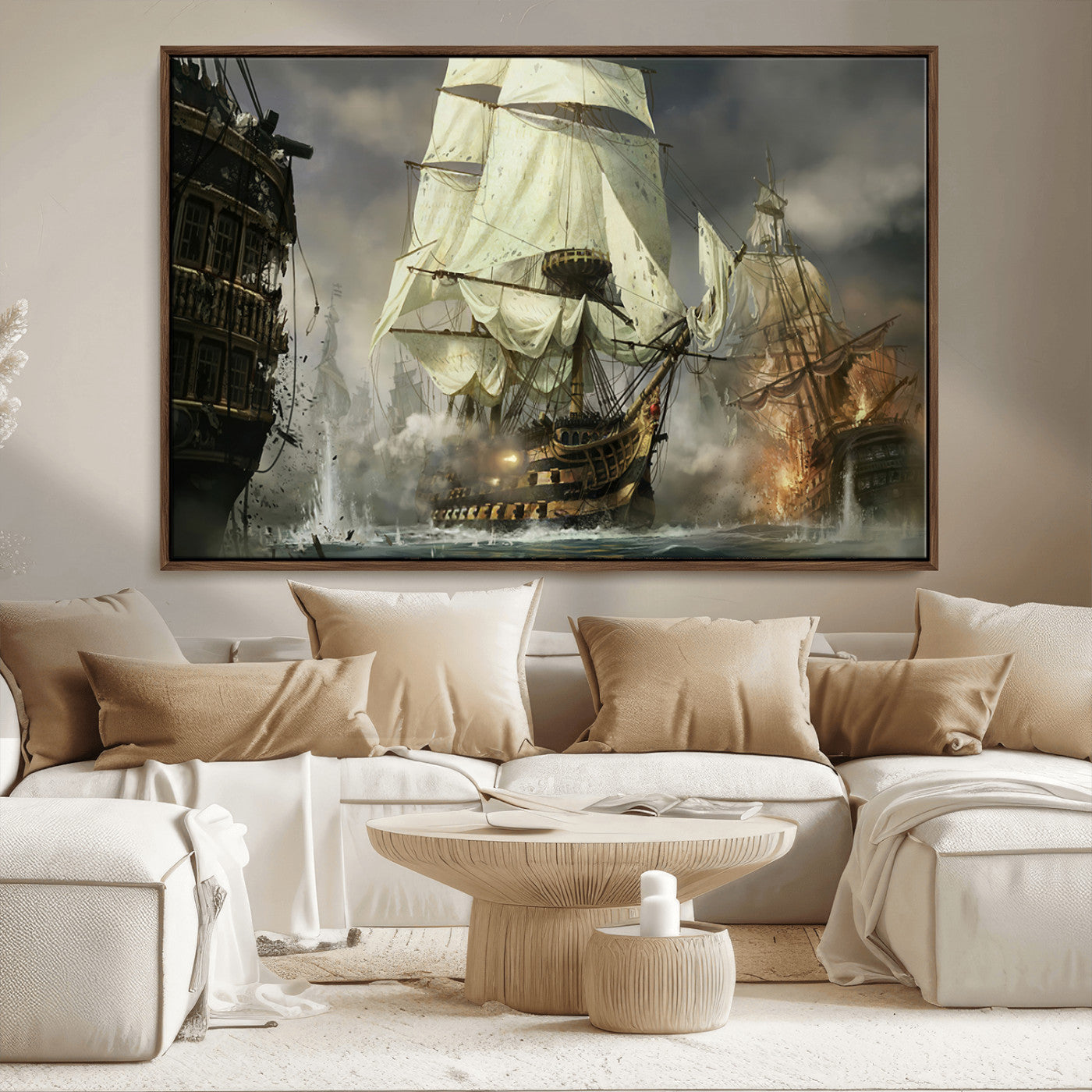 26512-MGV-FC-36X24_Walnut-Naval Battle Wall Art – Dramatic Tall Ship Canvas Print, Historic Pirate Sailing War Scene, Nautical Decor for Office, Study or