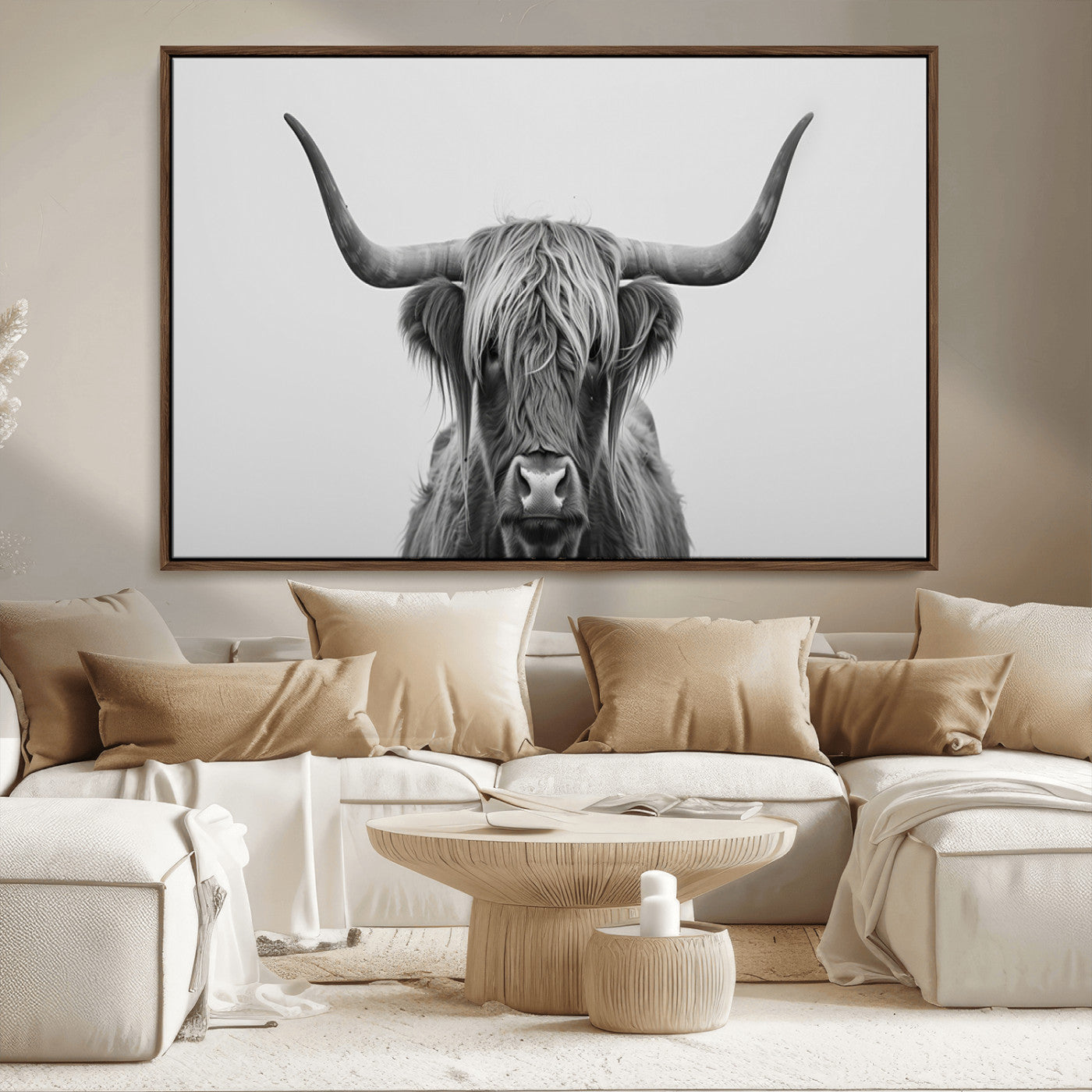 35820-MGV-CV-36X24-Minimalist Highland Cow Wall Art – Black and White Longhorn Cattle Canvas Print, Modern Farmhouse Animal Photography Decor for