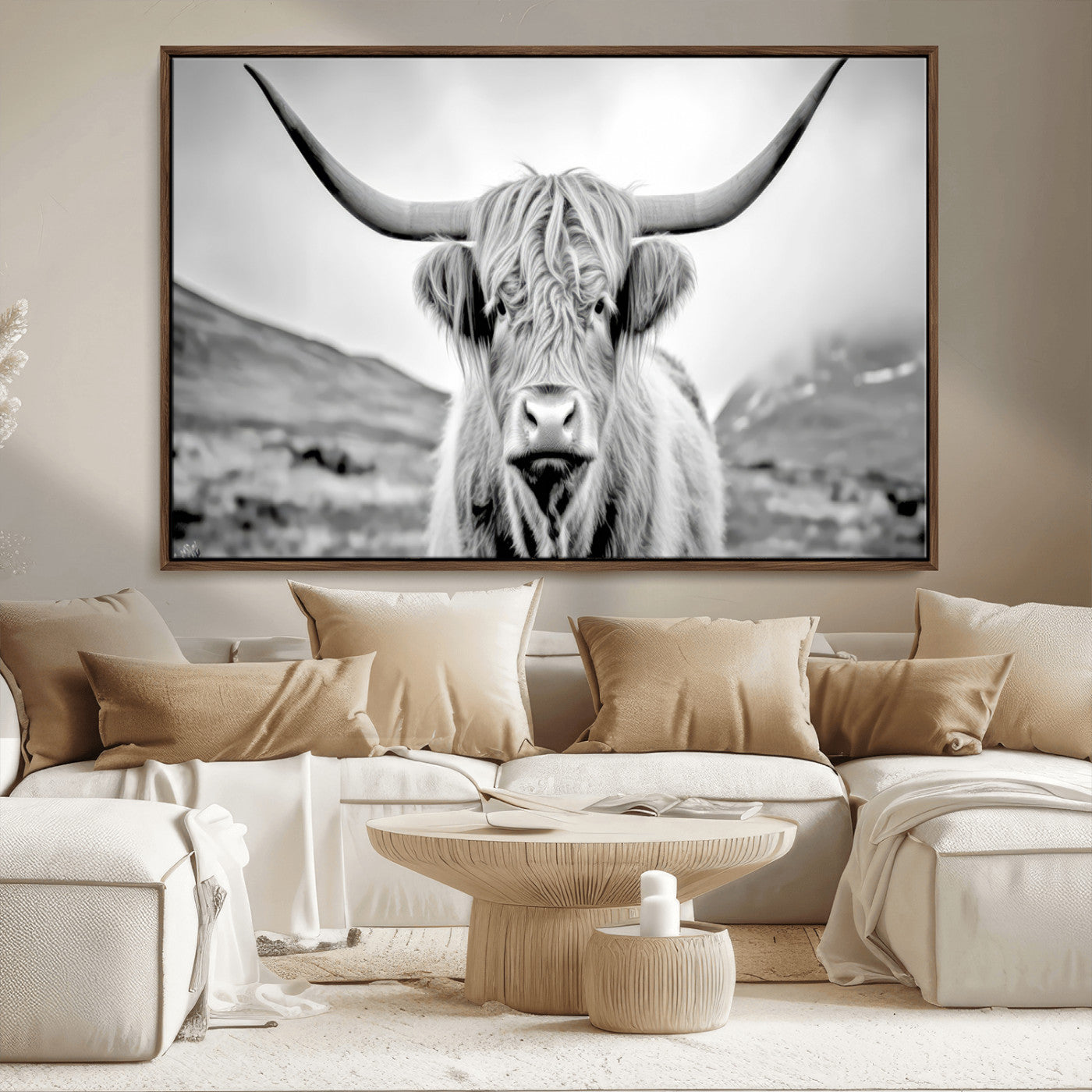 80564-MGV-CV-36X24-Highland Cow Wall Art – Black and White Scottish Highland Canvas Print, Rustic Farmhouse Decor for Living Room, Bedroom or Office