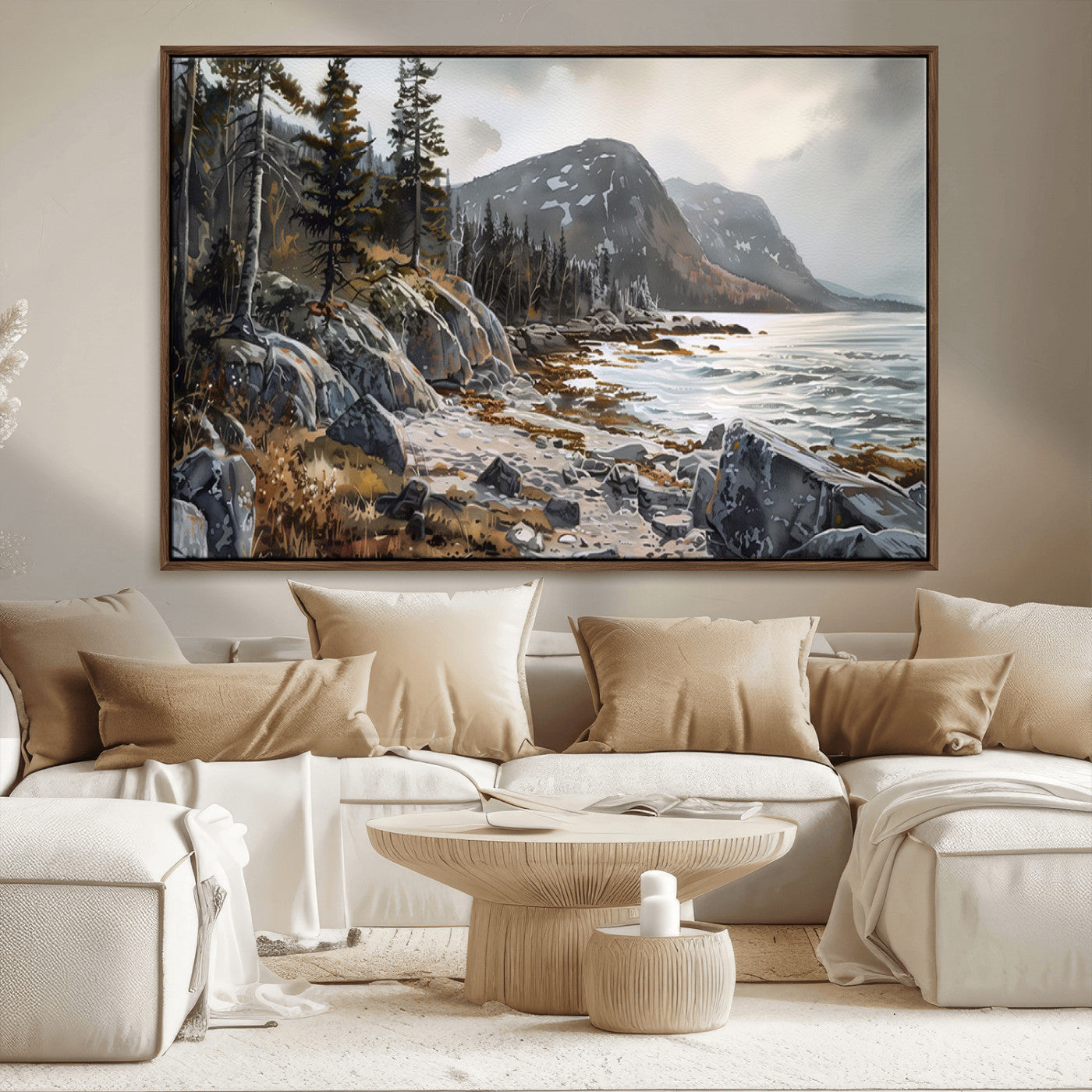 41281-MGV-CV-36X24-Rocky Shoreline Wall Art – Panoramic Mountain Coast and Forest Canvas Print, Rustic Nature Landscape Decor for Cabin, Lodge, or