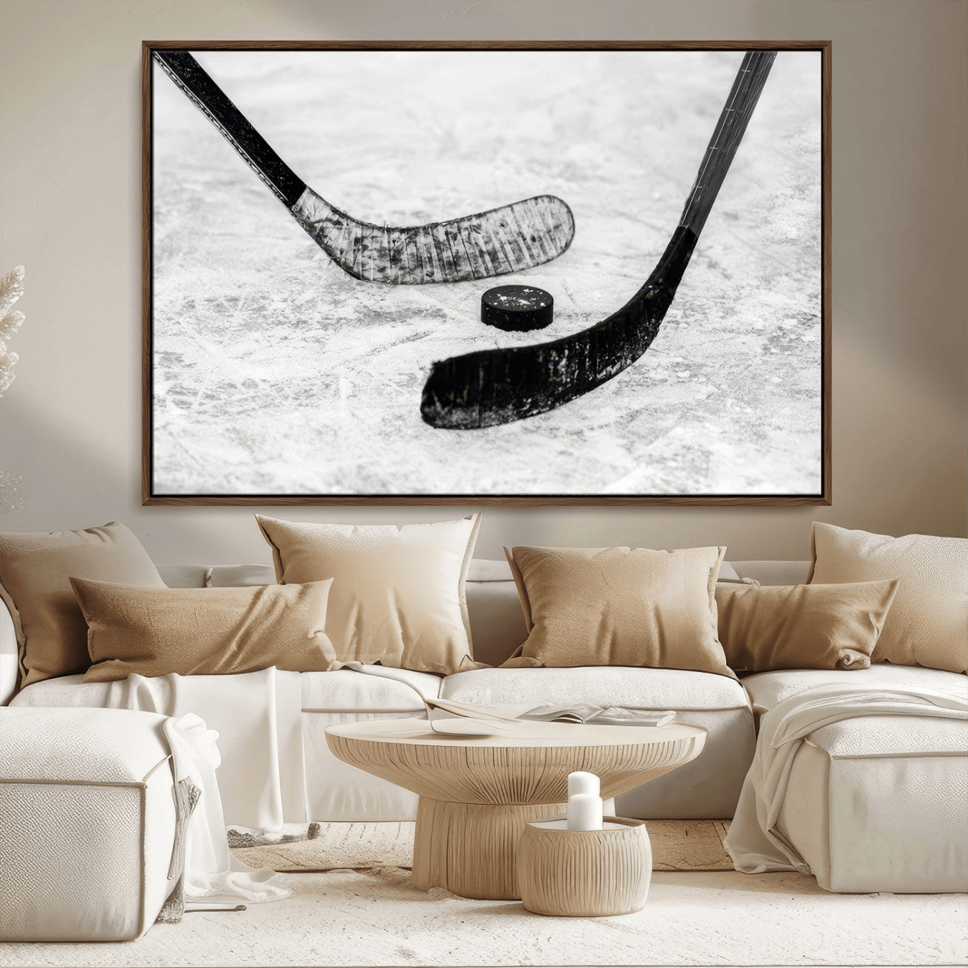 82900-MGV-CV-36X24-Hockey Wall Art – Black and White Canvas Print Ice Rink Sticks Puck Sports Photography, Modern Decor for Game Room, Man Cave,