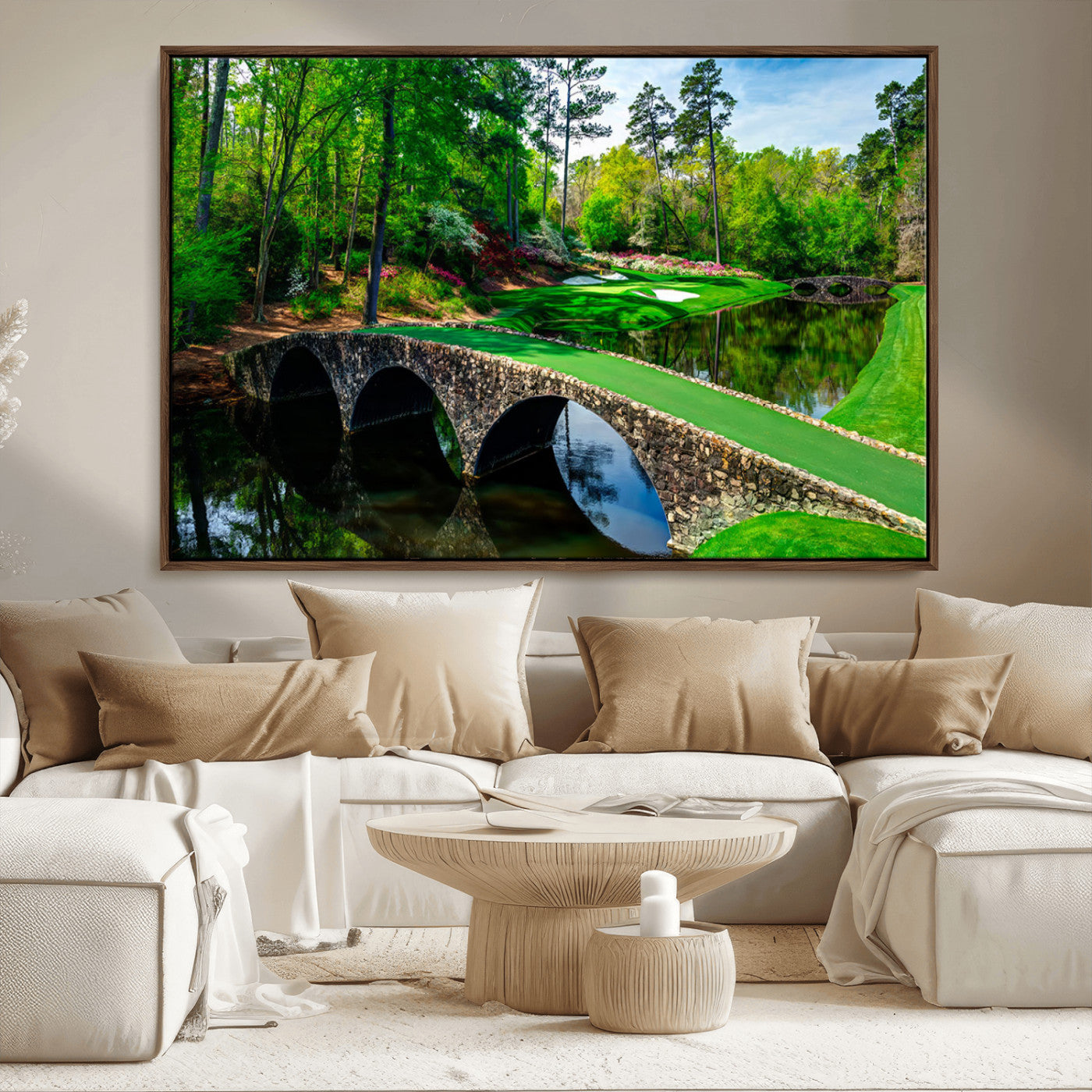 57655-MGV-FC-36X24_Walnut-Golf Course Wall Art – Canvas Print Scenic Green Fairway Stone Bridge Water Reflection Landscape, Classic Sports Decor for Office,
