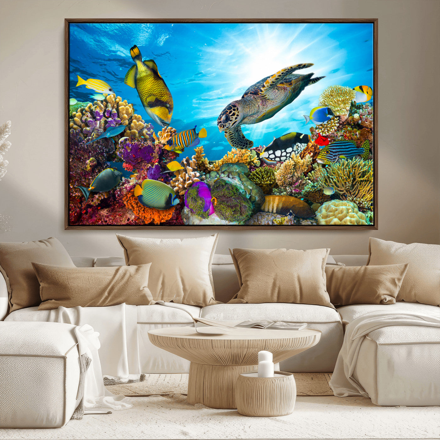 44772-MGV-FC-36X24_Walnut-Underwater Sea Turtle Wall Art – Vibrant Coral Reef and Tropical Fish Canvas Print, Ocean Marine Life Decor for Living Room,