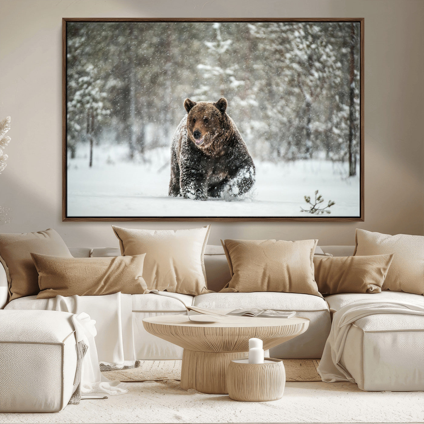 43350-MGV-FC-36X24_Walnut-Wild Bear in Snow Wall Art – Majestic Wildlife Photography Print, Winter Forest Nature Decor for Cabin, Lodge, Rustic Home,