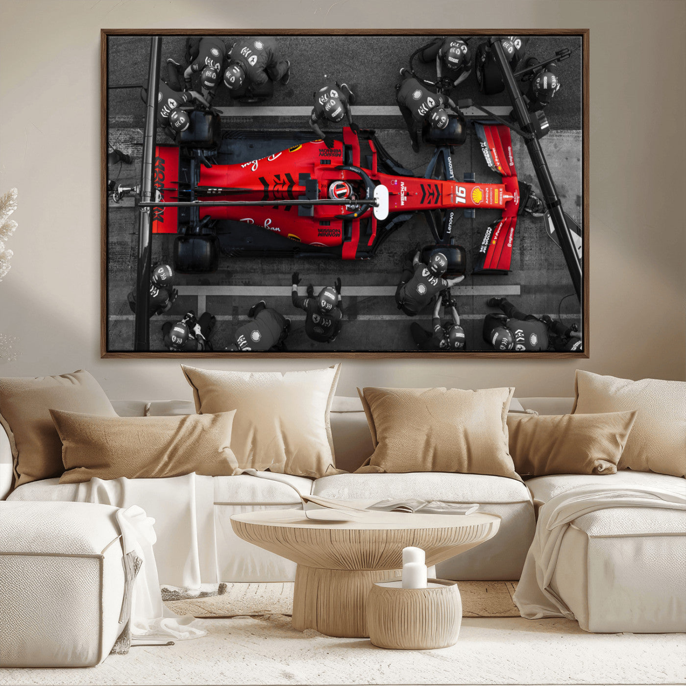 99356-MGV-FC-36X24_Walnut-Ferrari Pit Stop Wall Art – Formula 1 Racing Car Canvas Print, Red Speed Machine Motorsport Decor for Office, Garage, Man Cave or