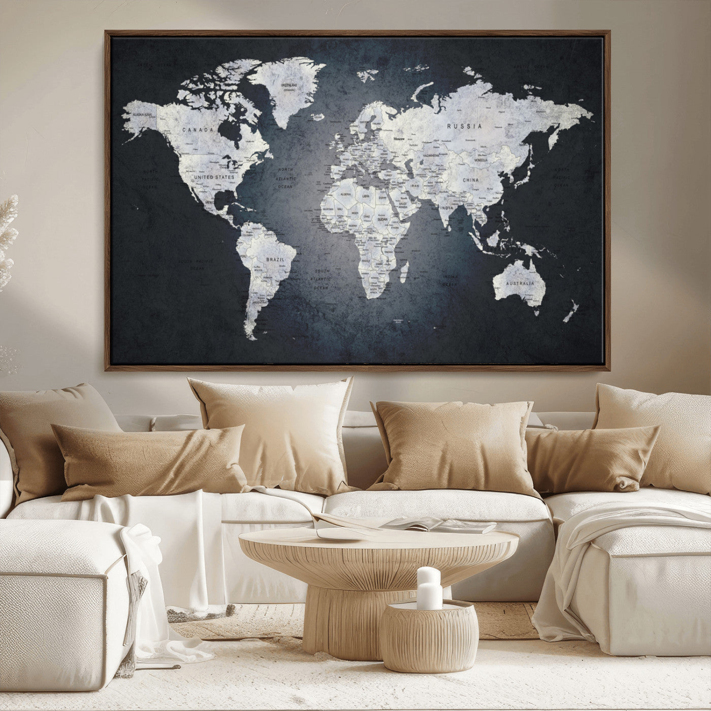 19124-MGV-FC-36X24_Walnut-Modern World Map Wall Art – Black and White Canvas Print, Minimalist Global Map Decor for Office, Study, Bedroom or Living Room