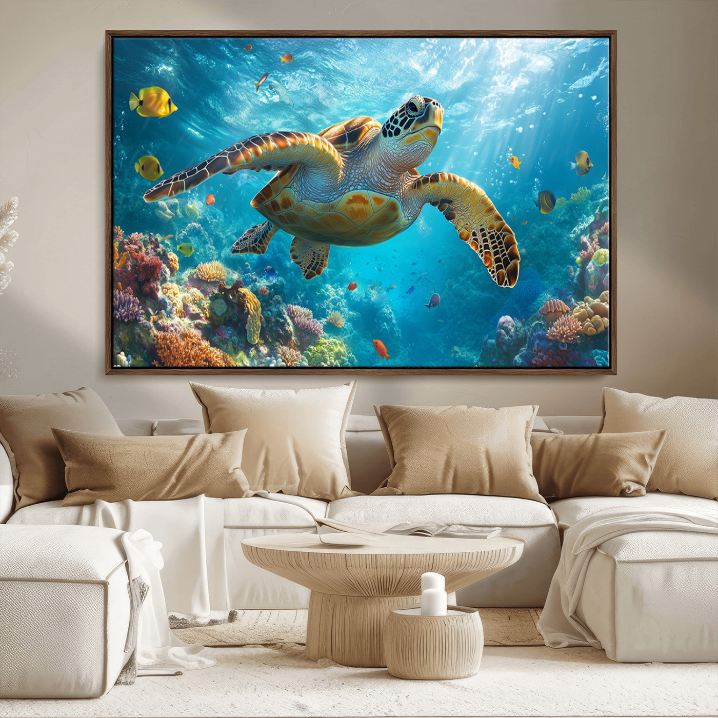 37623-MGV-FC-36X24_Walnut-Sea Turtle Wall Art – Underwater Ocean Canvas Print with Coral Reef and Tropical Fish, Marine Life Painting Poster for Living
