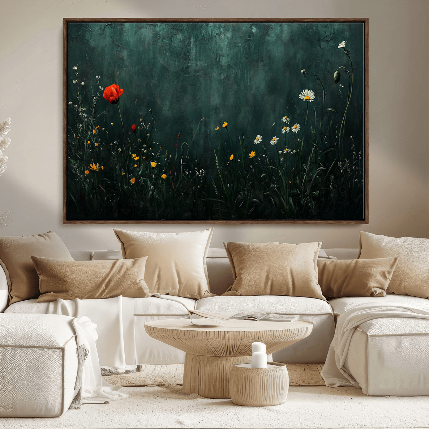 26218-MGV-CV-36X24-Wildflower Wall Art – Dark Botanical Floral Canvas Print, Modern Nature Painting Poster with Daisy Poppy Yellow Flowers for Living