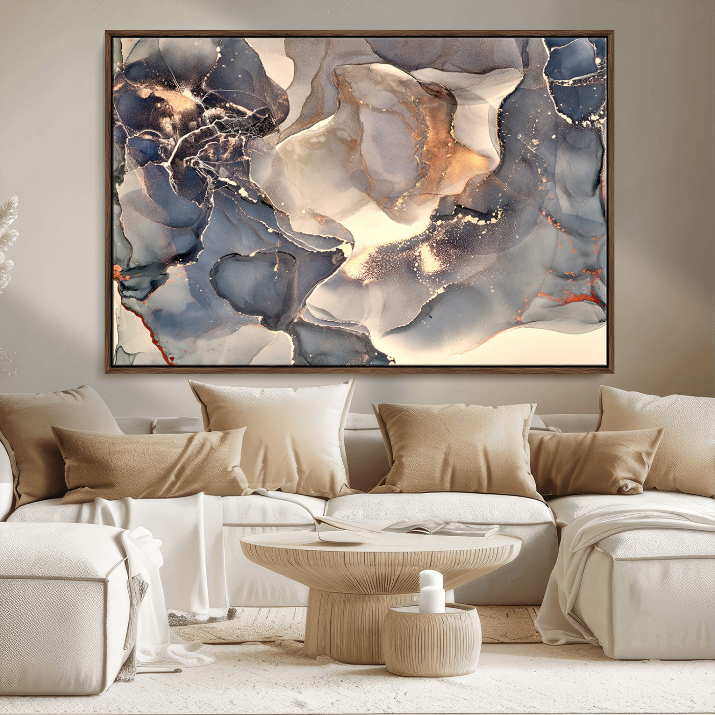 18202-MGV-CV-36X24-Abstract Neutral Wall Art – Blue, Beige and Gold Fluid Ink Canvas Print, Modern Minimalist Painting for Living Room, Office