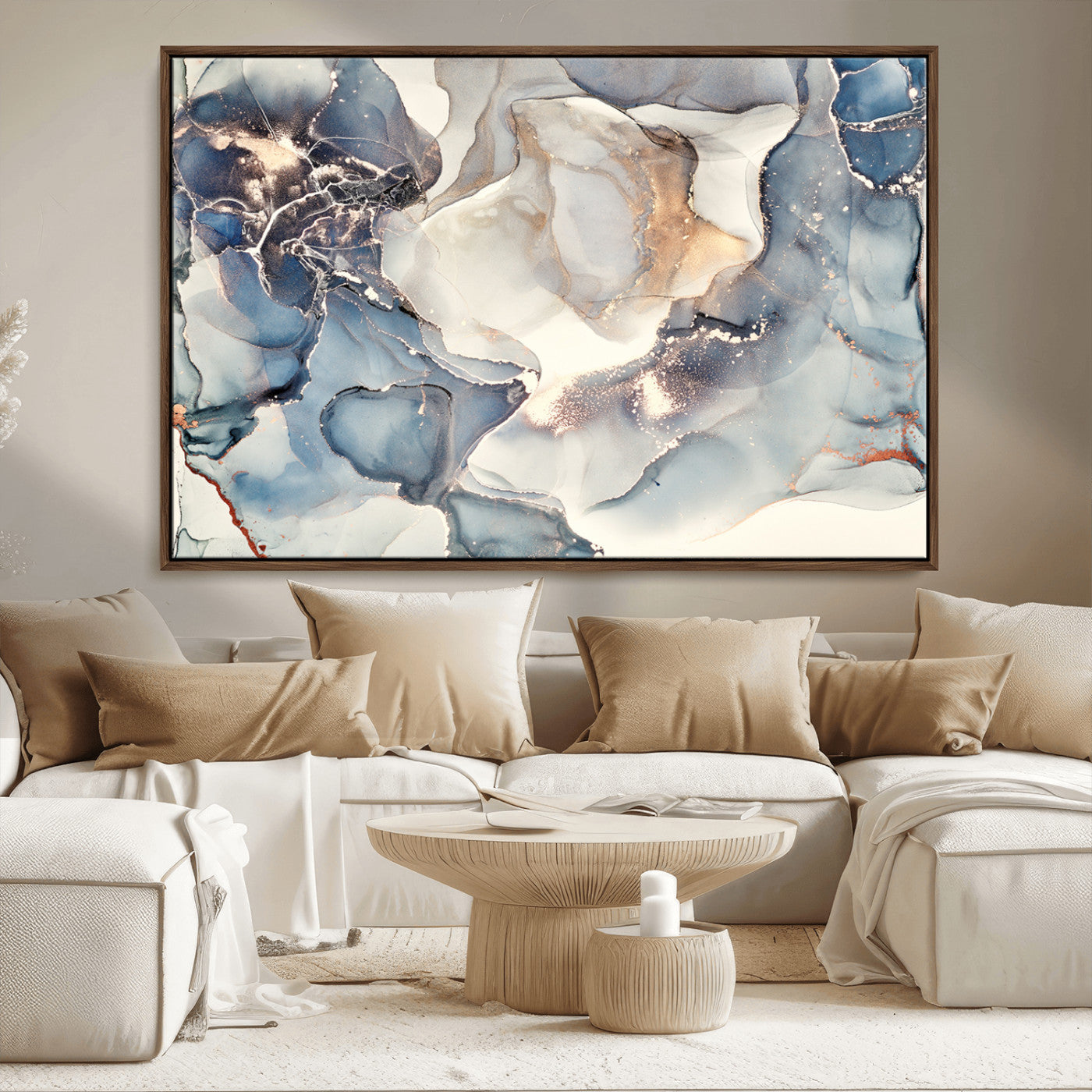 51497-MGV-FC-36X24_Walnut-Abstract Blue and Gold Wall Art – Modern Fluid Ink Style Canvas Print, Elegant Contemporary Decor for Living Room, Office