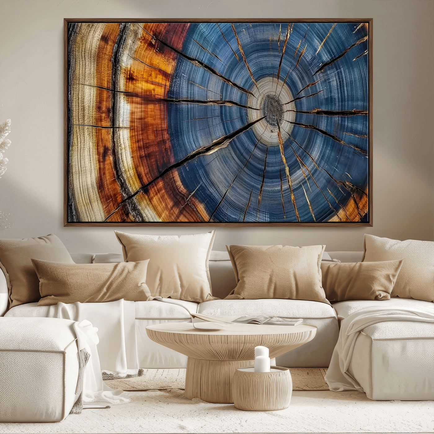 10583-MGV-CV-36X24-Tree Ring Wall Art – Abstract Wood Grain Canvas Print with Blue and Brown Tones, Nature Inspired Rustic Artwork for Living Room,