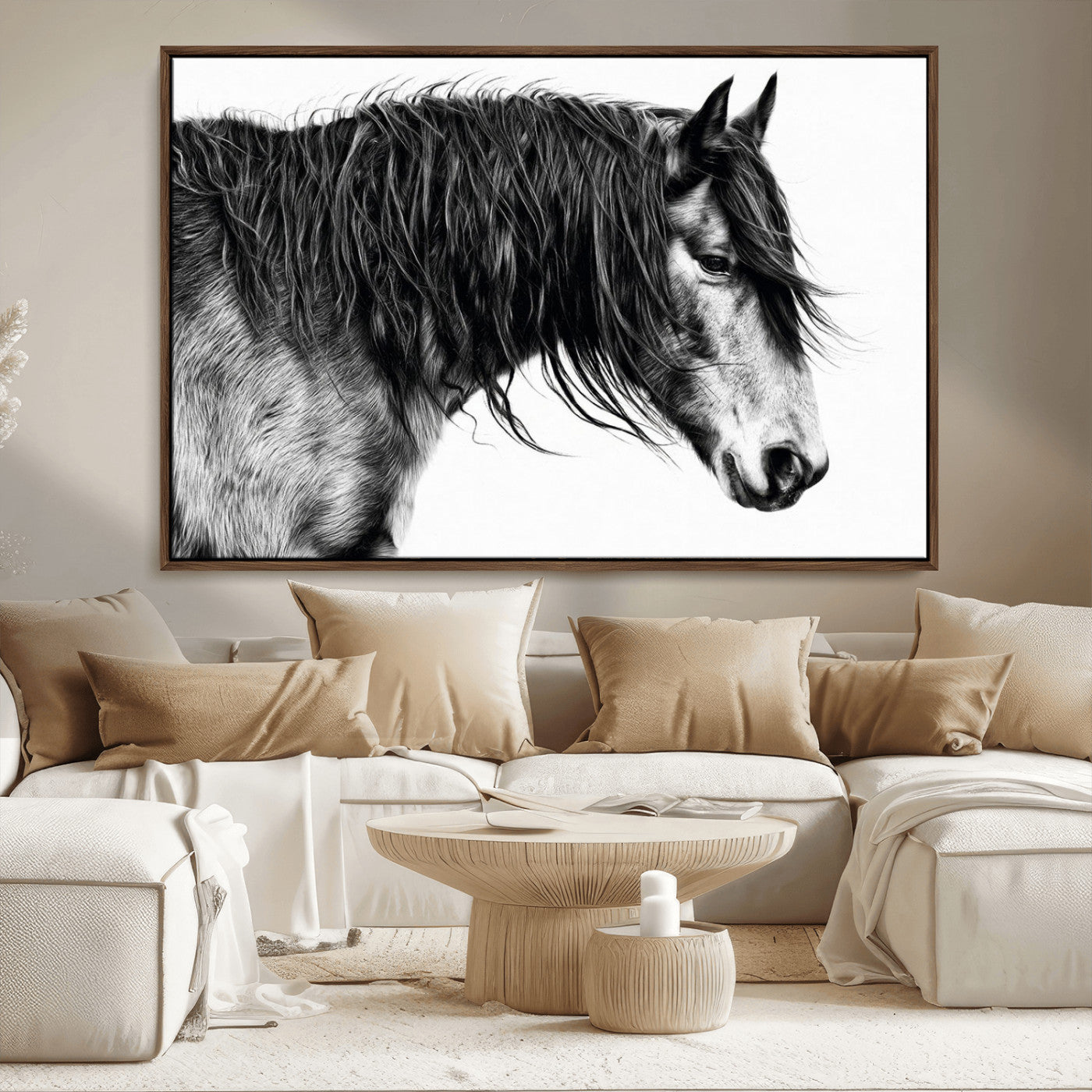 57694-MGV-FC-36X24_Walnut-Horse Portrait Wall Art – Black and White Canvas Print with Detailed Stallion Profile, Rustic Farmhouse Equestrian Artwork for