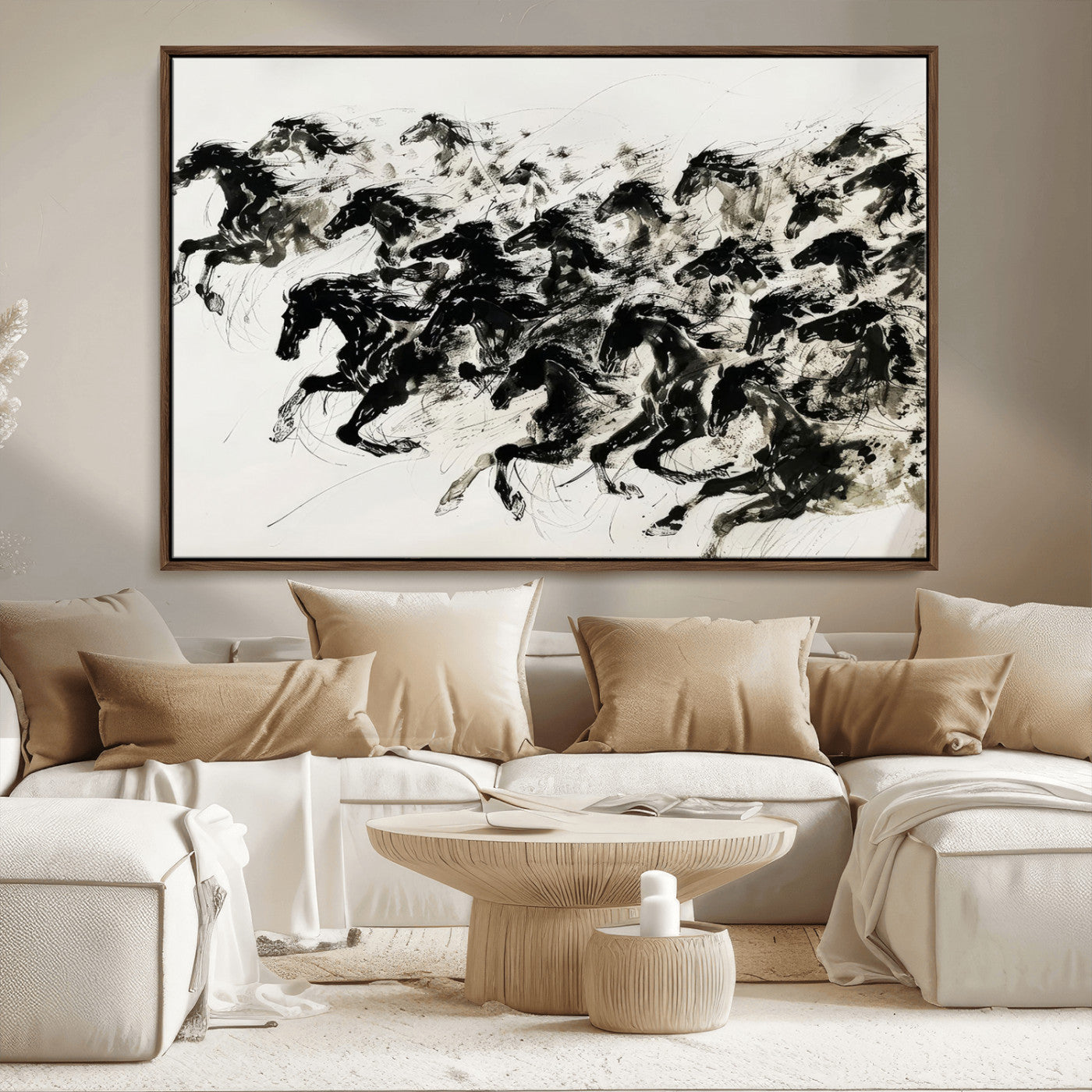 23069-MGV-FC-36X24_Walnut-Galloping Horses Wall Art – Black Ink Painting on Canvas, Dynamic Equestrian Artwork with Running Stallions, Expressive Modern