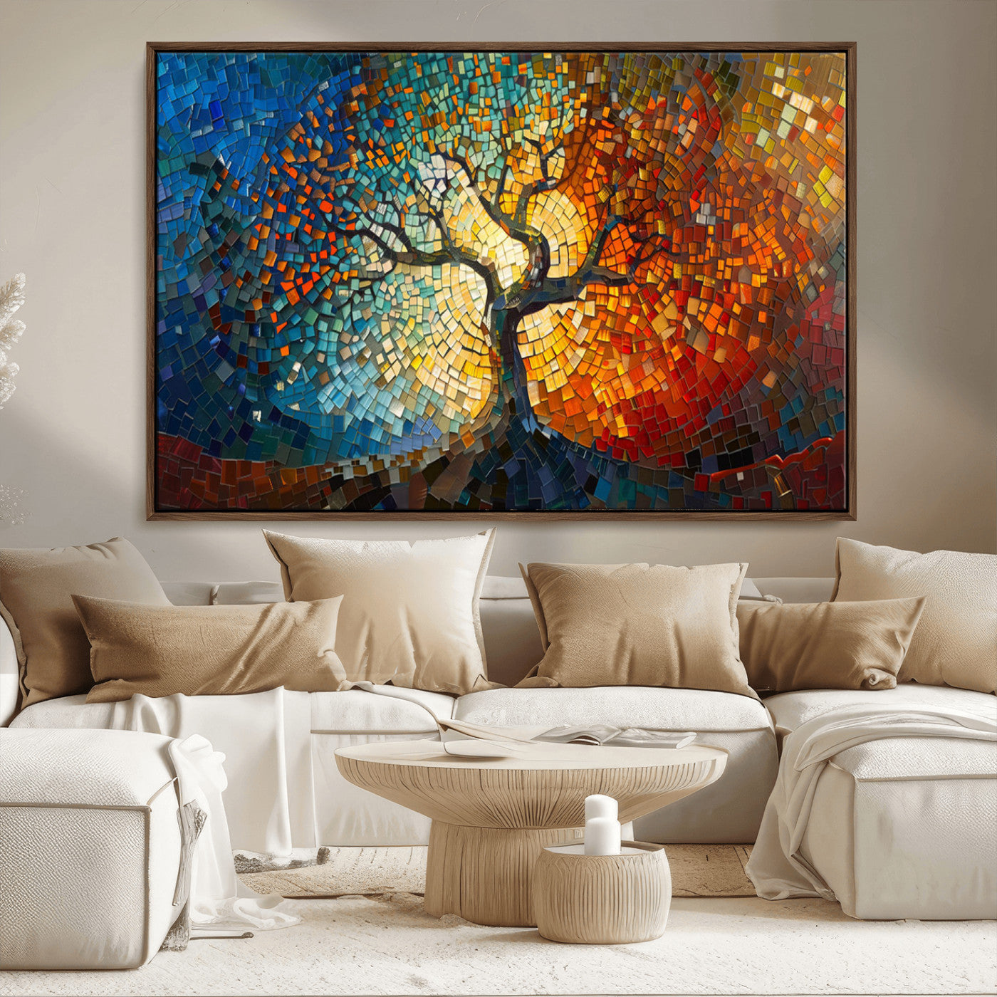 66056-MGV-CV-36X24-Mosaic Tree of Life Wall Art – Colorful Stained Glass Style Canvas Print with Radiant Blue and Orange Tones, Modern Decorative
