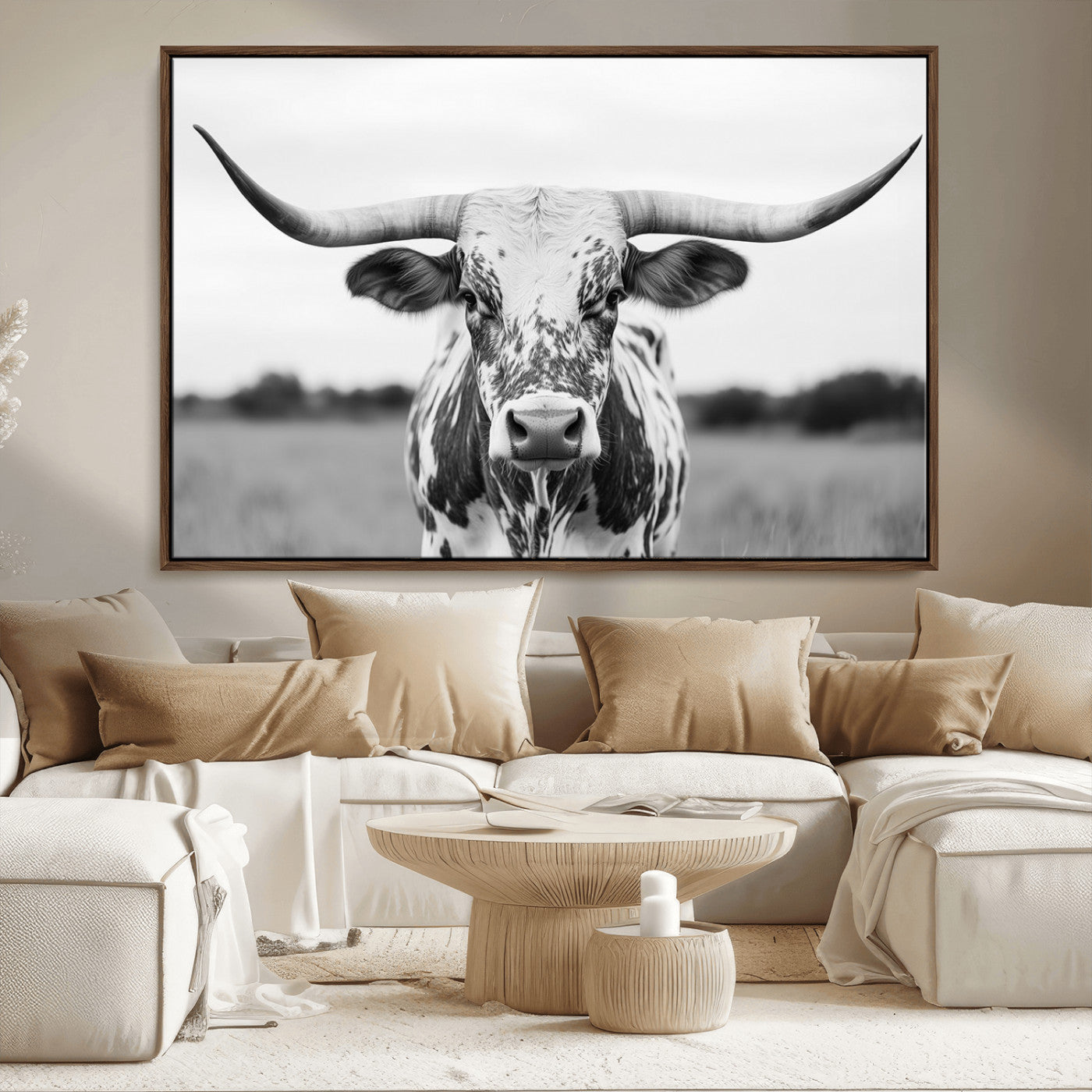 20272-MGV-CV-36X24-Texas Longhorn Wall Art – Black and White Cowboy Western Canvas Print, Rustic Farmhouse Cattle Photography Decor for Ranch, Barn