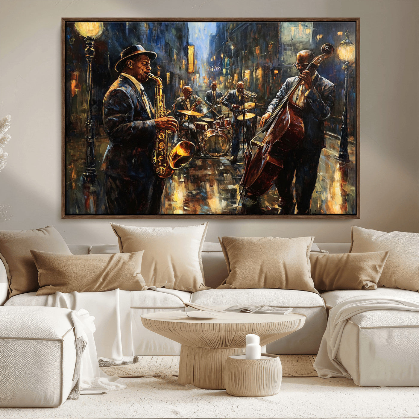 36990-MGV-CV-36X24-Jazz Band Wall Art – Vintage Music Canvas Print Featuring Saxophone and Bass Players, Classic Nightclub Artwork for Living Room,