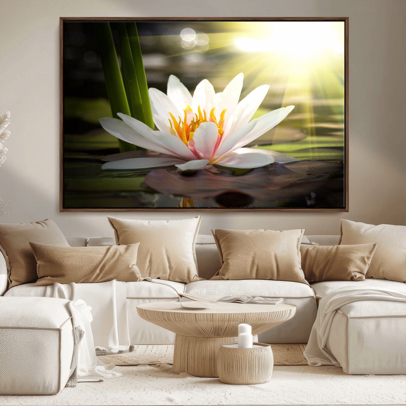 40478-MGV-FC-36X24_Walnut-Water Lily Wall Art – White Lotus Flower Canvas Print with Sunlight Reflection, Serene Botanical Artwork for Living Room, Bedroom,