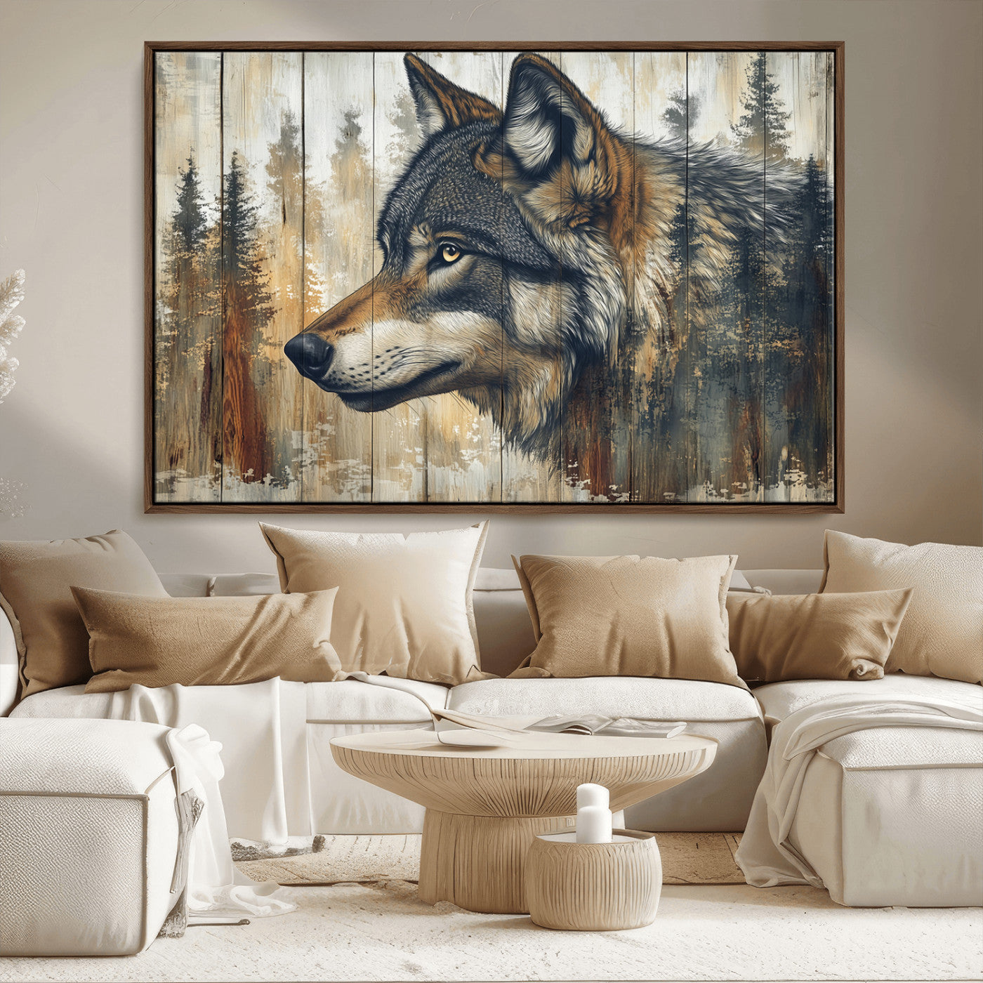 91882-MGV-CV-36X24-Wolf Wall Art – Rustic Canvas Print of Forest Wolf on Wood Background, Wildlife Lodge Artwork for Living Room, Bedroom, Cabin, or