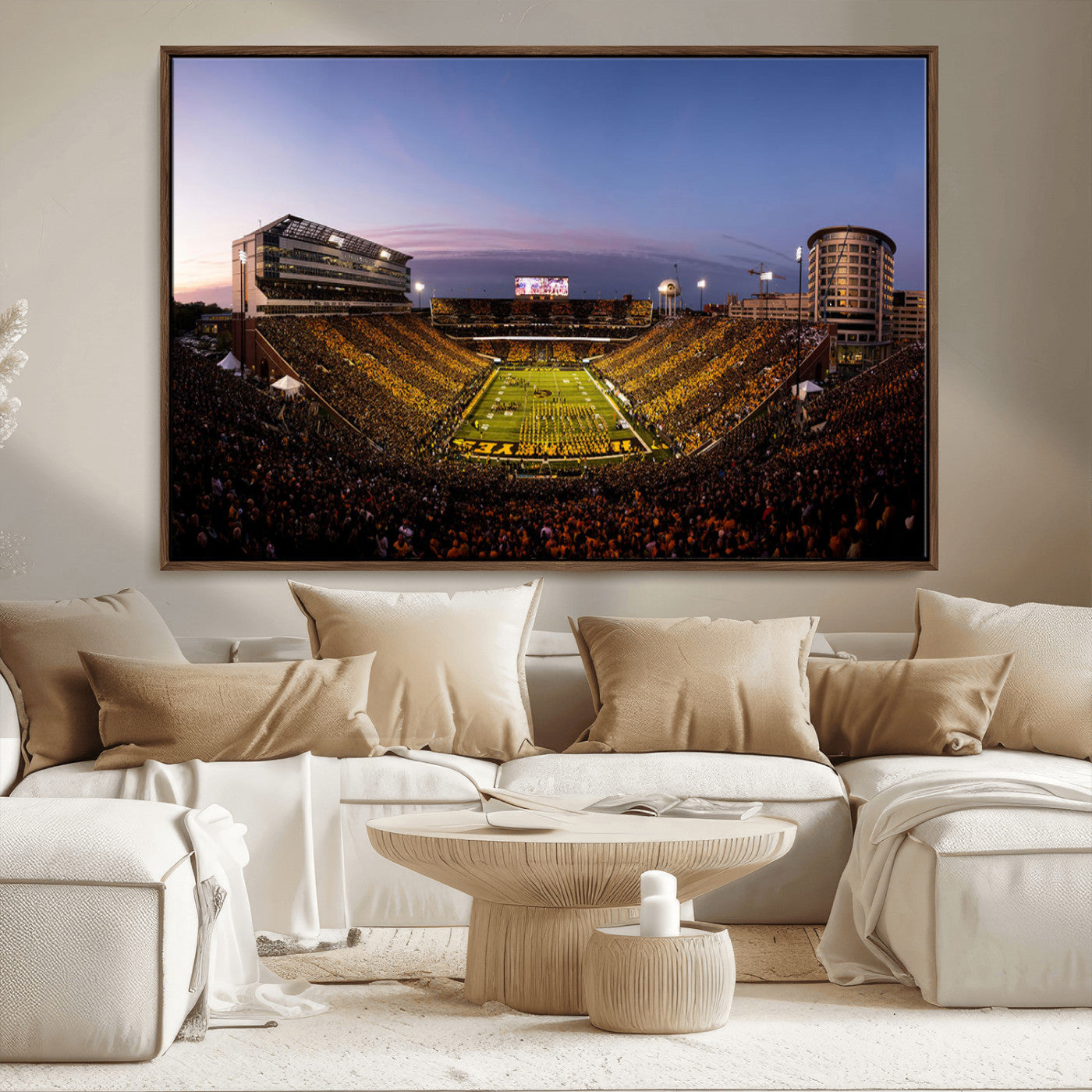 82557-MGV-CV-36X24-College Football Stadium Wall Art – Panoramic Sunset Canvas Print with Marching Band and Game Day Crowd, Sports Artwork for Man