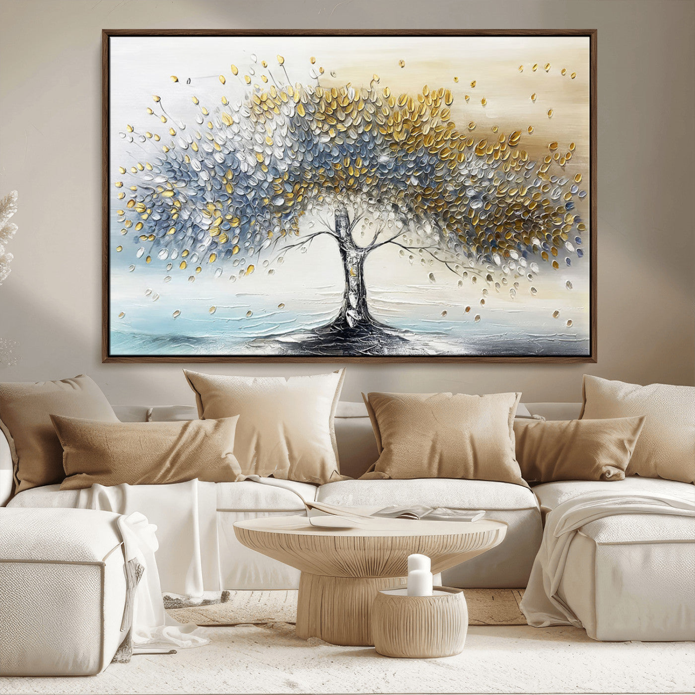 24771-MGV-CV-36X24-Silver Tree Wall Art Canvas Print, Framed Golden Leaves Art Picture Print, Metallic Tree Perfect Minimalist Luxury Decor Artwork