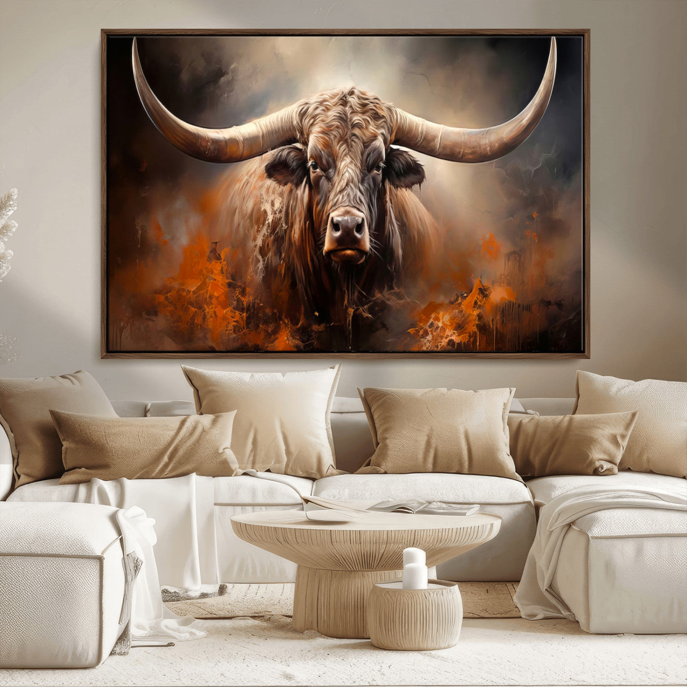 240479-MGV-FC-36X24_Walnut-Longhorn Bull Wall Art – Dramatic Western Canvas Print Featuring Horned Bull with Fiery Background, Rustic Farmhouse Artwork for