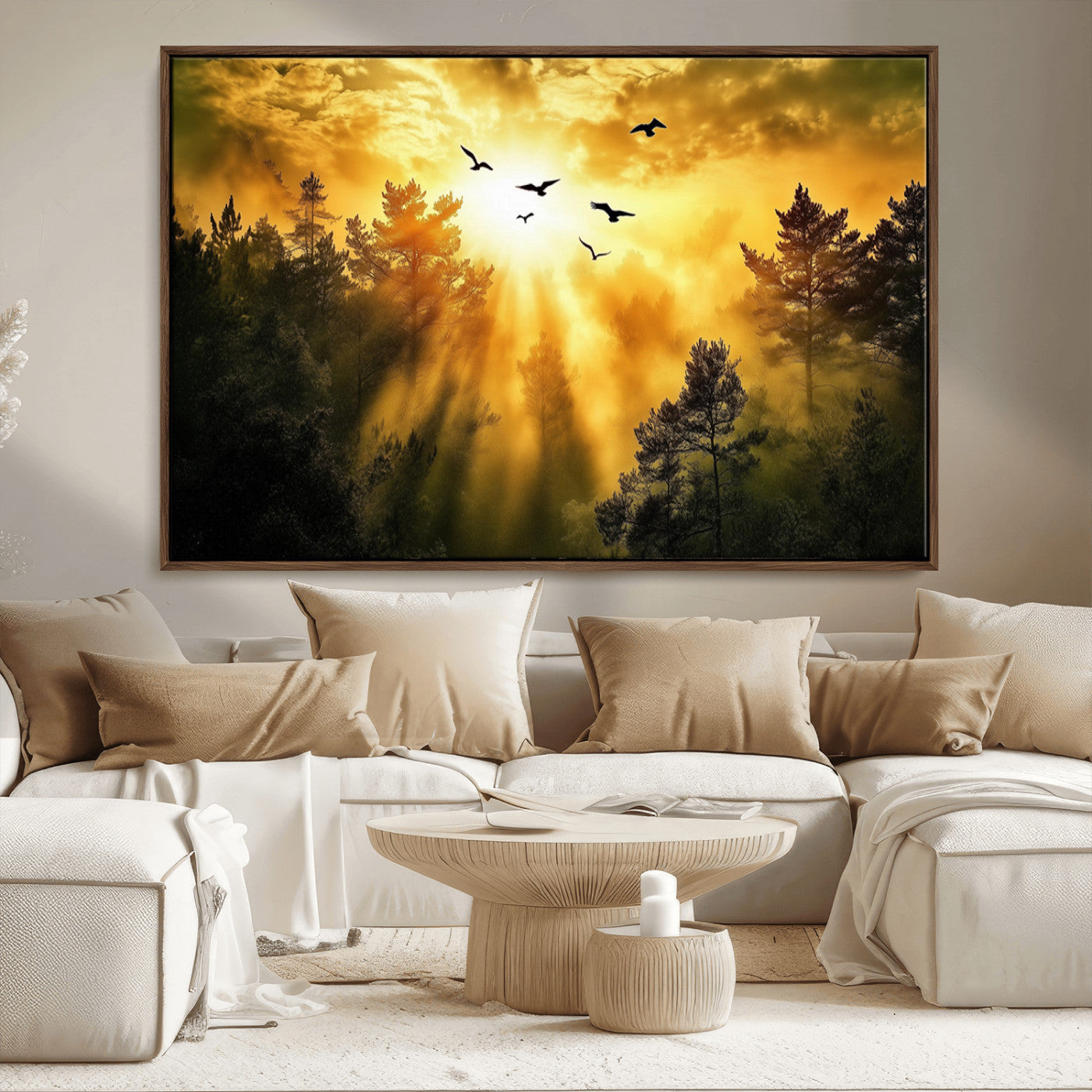 13776802-MGV-CV-36X24-Golden Forest Wall Art Canvas Print, Framed Sunset Pines Art Picture Print, Flying Birds Perfect Nature Glow Decor Artwork