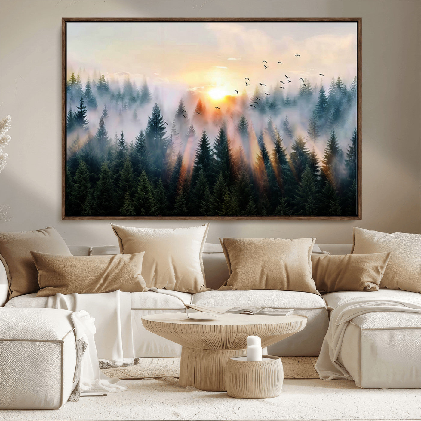 56391411-MGV-CV-36X24-Misty Forest Wall Art Canvas Print, Framed Sunrise Pines Art Picture Print, Moody Pines Perfect Serene Woodland Decor Artwork