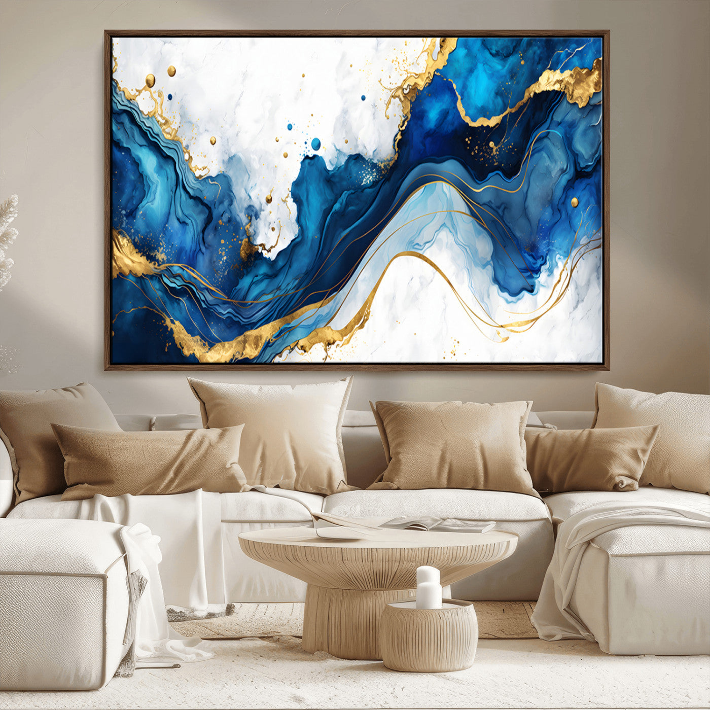 33506371-MGV-CV-36X24-Blue Marble Wall Art Canvas Print, Framed Gold Splash Art Picture Print, Abstract Wave Perfect Modern Luxe Decor Artwork