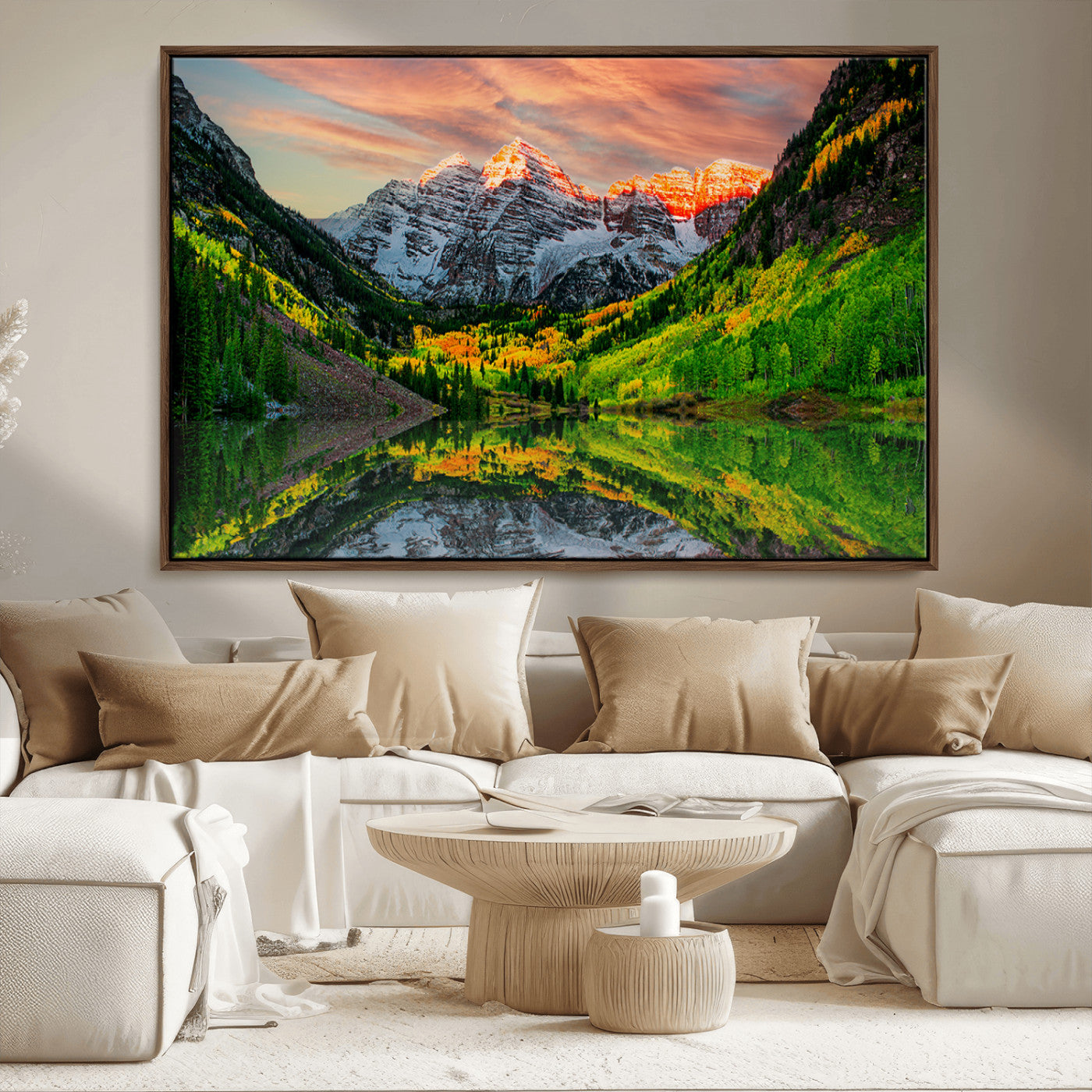 59533484-MGV-CV-36X24-Maroon Bells Autumn Wall Art – Panoramic Mountain Landscape Canvas Print, Sunset Reflection Nature Artwork for Living Room, Office