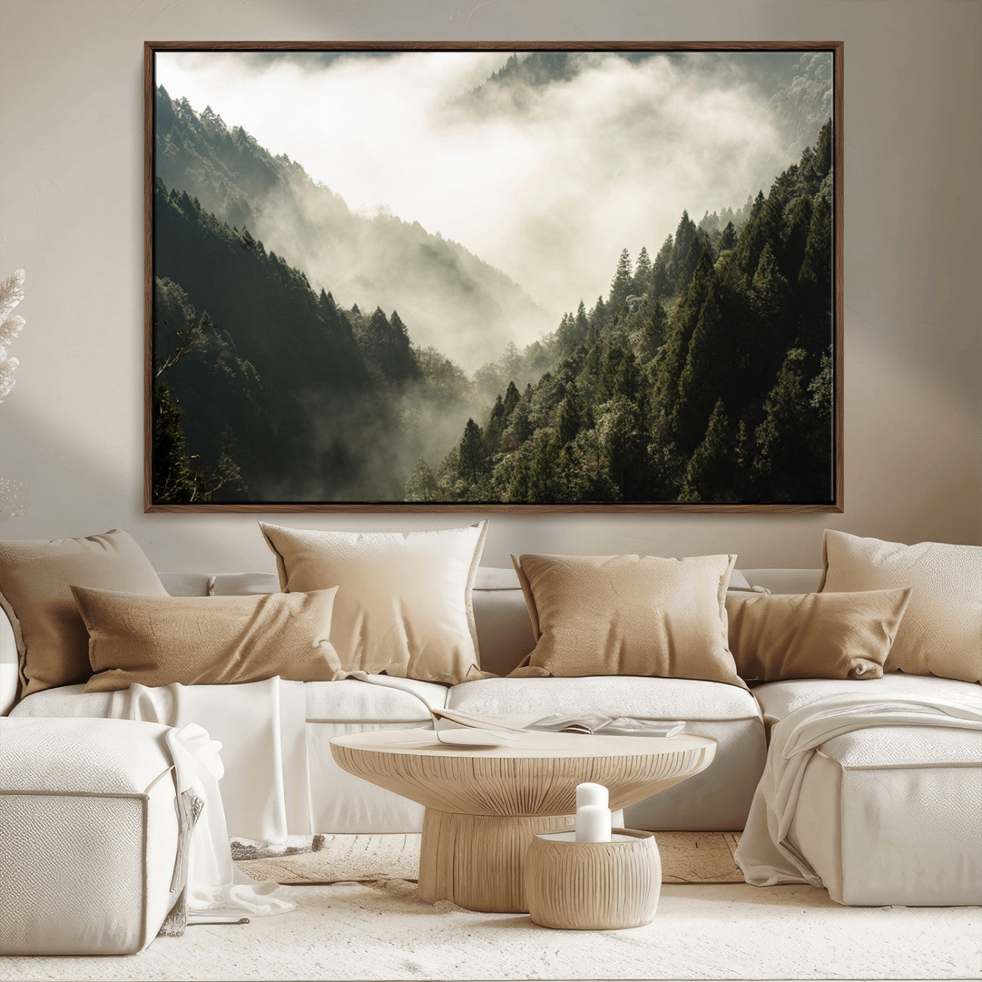 57570237-MGV-CV-36X24-Misty Valley Wall Art Canvas Print, Framed Foggy Forest Art Picture Print, Pine Trees Perfect Moody Woodland Decor Artwork