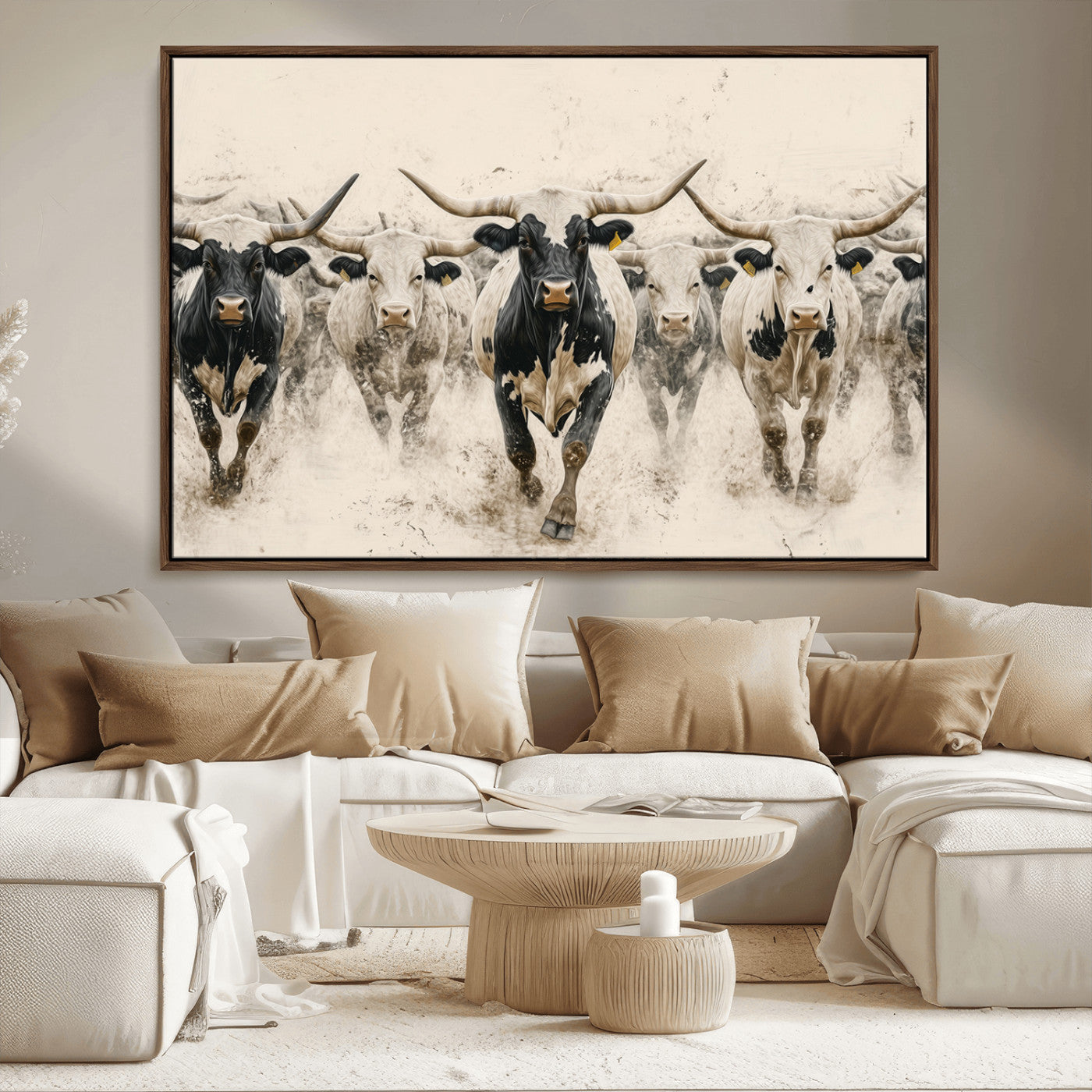 61538944-MGV-FC-36X24_Walnut-Texas Longhorn Wall Art Canvas Print, Framed Cattles Walking Art Picture Print, Black White Bulls Perfect Rustic Western Decor