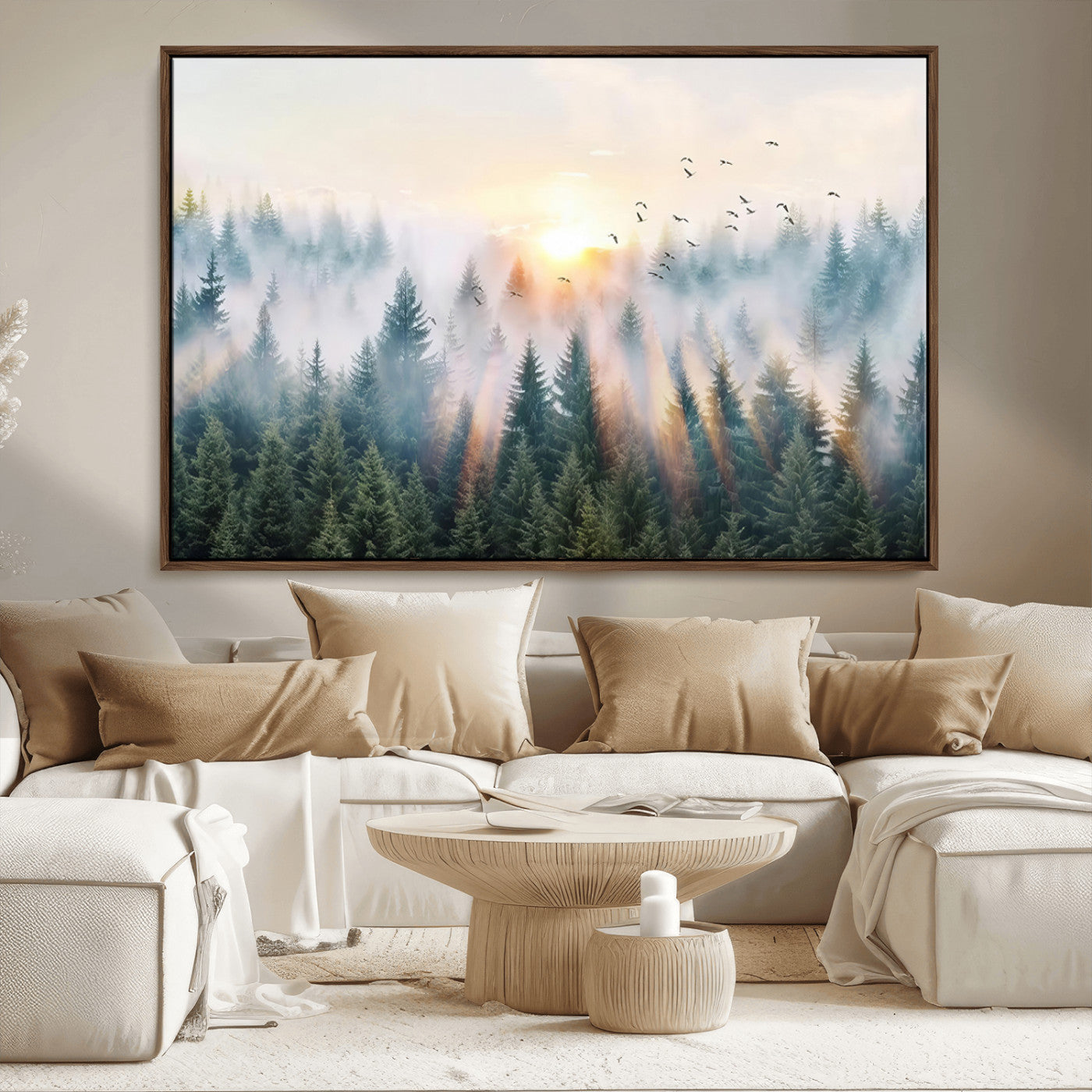 92718976-MGV-CV-36X24-Misty Forest Wall Art Canvas Print, Framed Sunrise Pines Art Picture Print, Foggy Woodland Perfect Moody Woodland Decor Artwork
