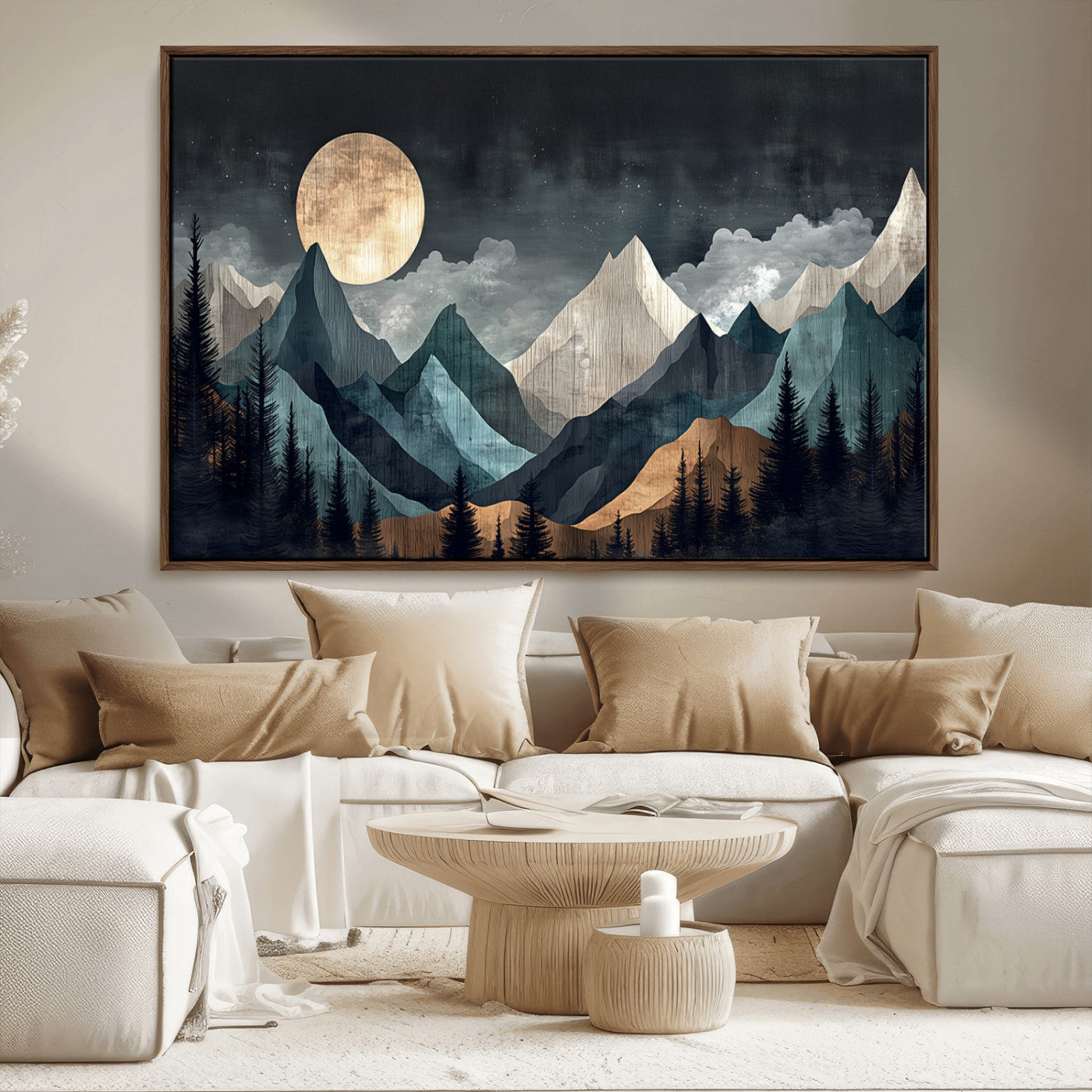 11060882-MGV-CV-36X24-Moonlit Mountains Wall Art Canvas Print, Framed Forest Silhouette Art Picture Print, Night Landscape Perfect Modern Forest Decor