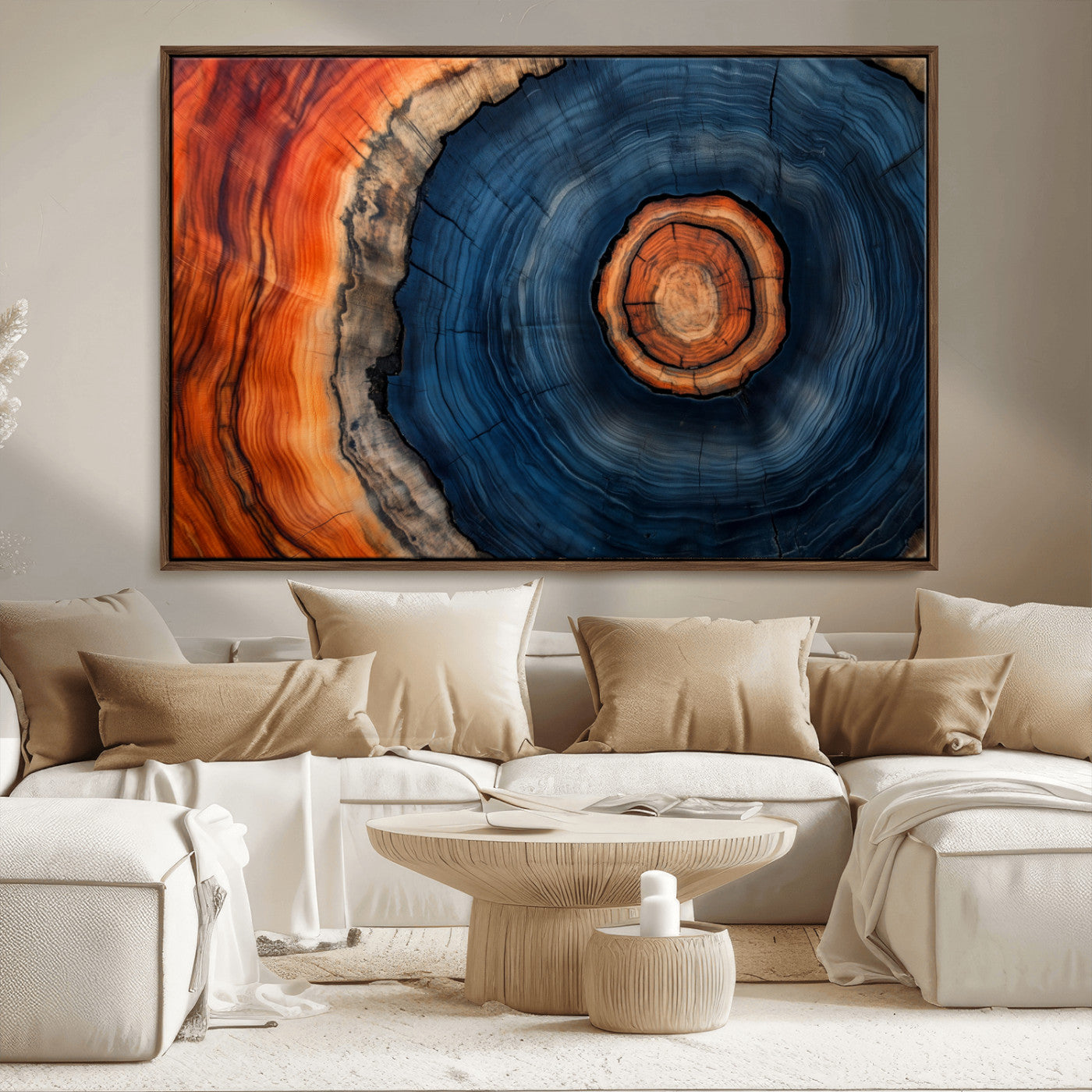 72209152-MGV-FC-36X24_Walnut-Abstract Tree Ring Wall Art – Vibrant Blue Orange Wood Grain Canvas Print, Rustic Modern Nature Artwork for Living Room, Office,