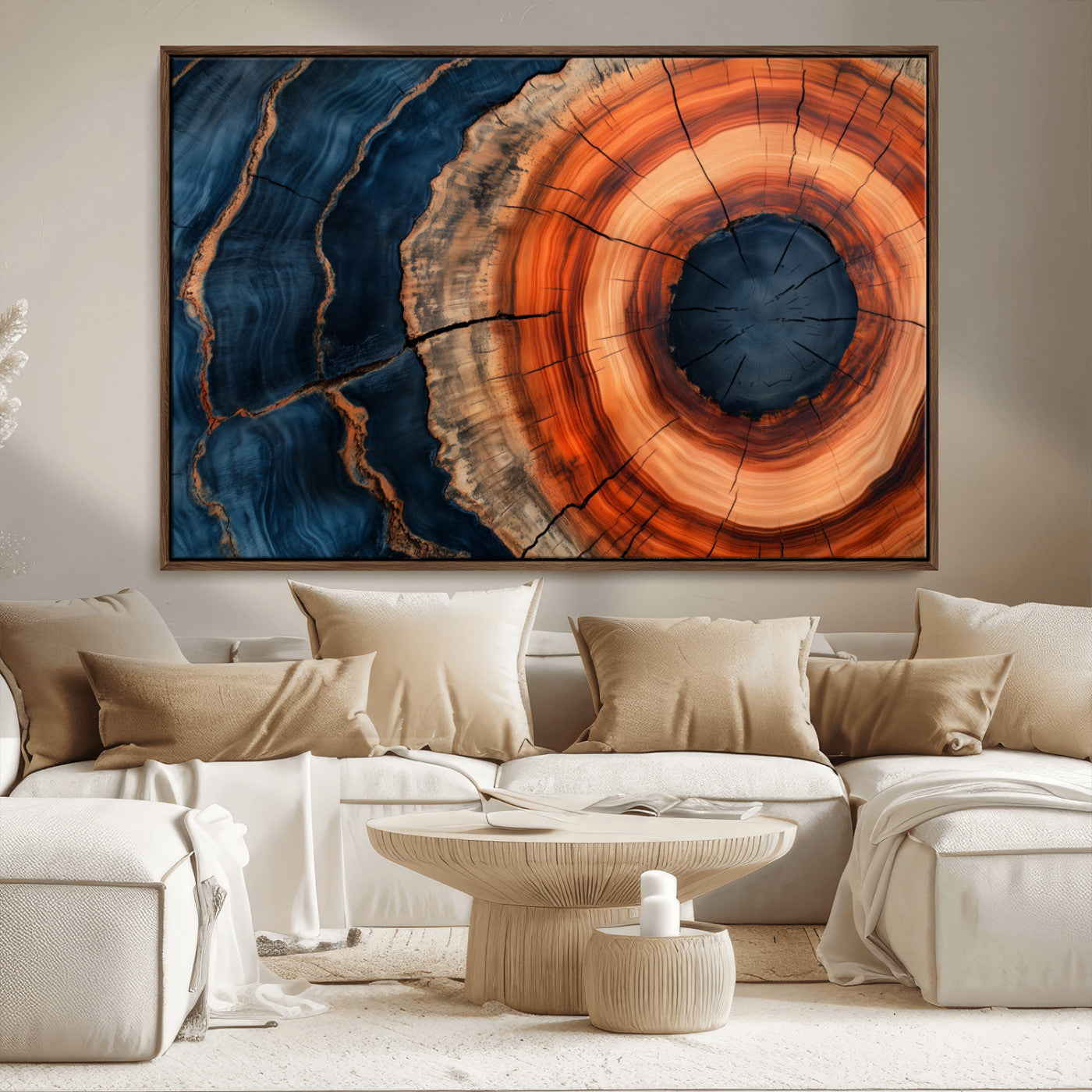 41123192-MGV-FC-36X24_Walnut-Tree Ring Canvas Wall Art – Abstract Blue Orange Wood Grain Print, Rustic Modern Nature Artwork for Living Room, Bedroom, Office