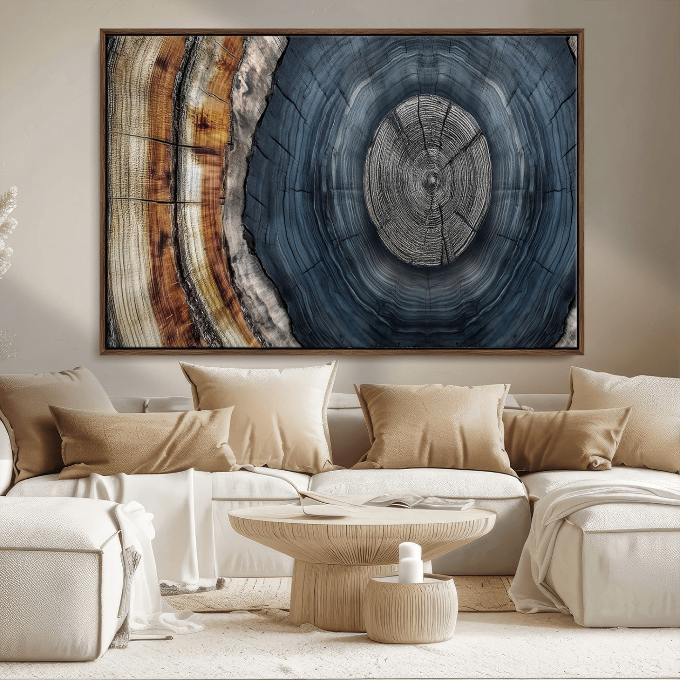 91368647-MGV-CV-36X24-Smoky Blue Tree Ring Wall Art – Rustic Wood Cross Section Canvas Print, Modern Nature Inspired Decor for Living Room, Office, or