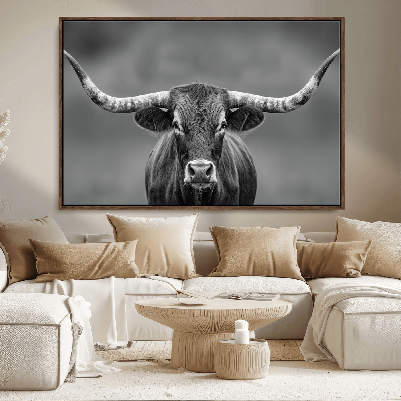 81228550-MGV-FC-36X24_Walnut-Framed Texas Longhorn Bull Art Canvas Print, Western Bull Wall Art Print, Long Horn Bull Photo Print for Log Cabin, Large Bull