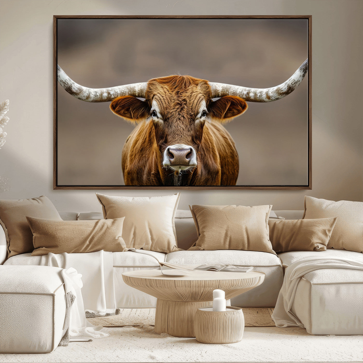 12179171-MGV-CV-36X24-Texas Longhorn Wall Art Canvas Print, Framed Brown Bull Art Picture Print, Lone Cattle Perfect Rustic Western Decor Artwork